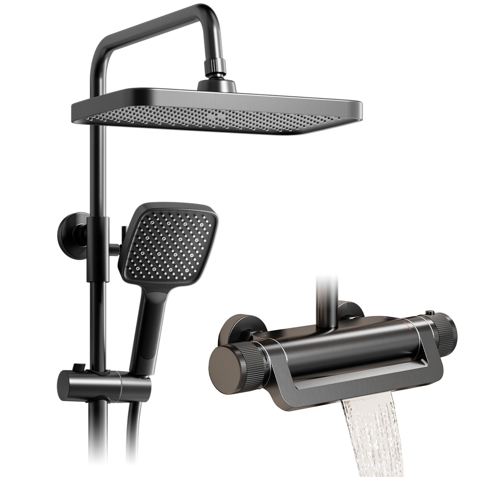Oihpaw Duschsystem Premium Duschsäulen-Set 3in1, 330x220mm Regendusche mit Thermostat, Höhe 118 cm, 3 Strahlart(en), 360° verstellbar & 3-Strahl-Handbrause mit Anti-Kalk-Düsen