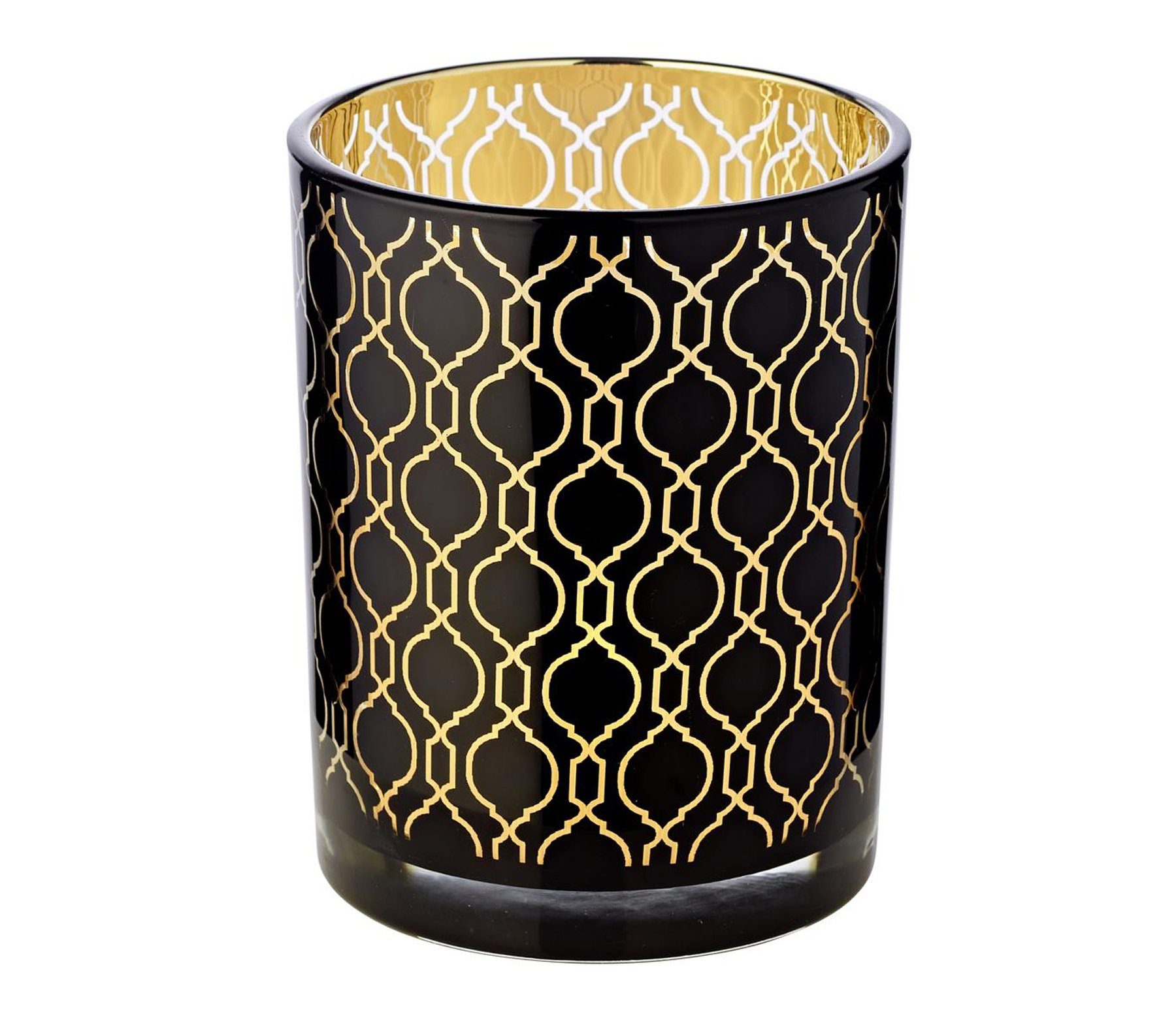 EDZARD Windlicht Raute, Kerzenglas mit Rauten-Motiv in Gold-Optik, Teelichtglas für Teelichter, Höhe 13 cm, Ø 10 cm