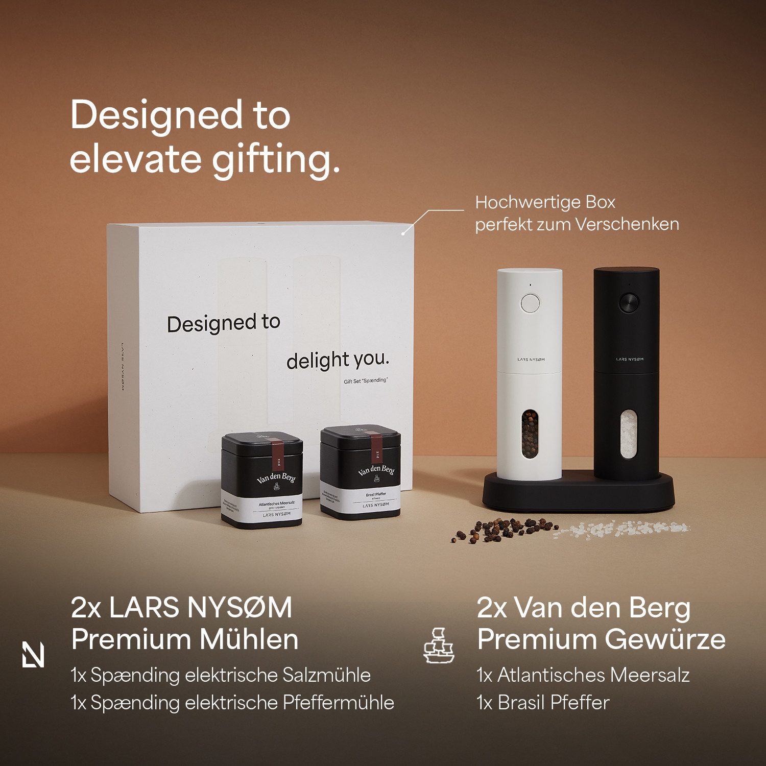 LARS NYSØM Gewürzmühle Spænding praktische Einhandbedienung per Drucktaste, (2 Stück), hochweritges Geschenkset mit elektrischen Gewürzmühlen