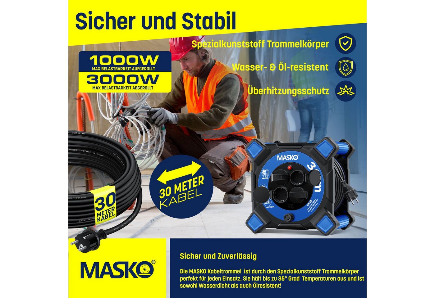 Thumbnail - MASKO Kabeltrommel (Kabellänge 30 m), Verlängerungskabel mit 4 Schutzkontakt-Steckdosen Kabelaufroller IP44