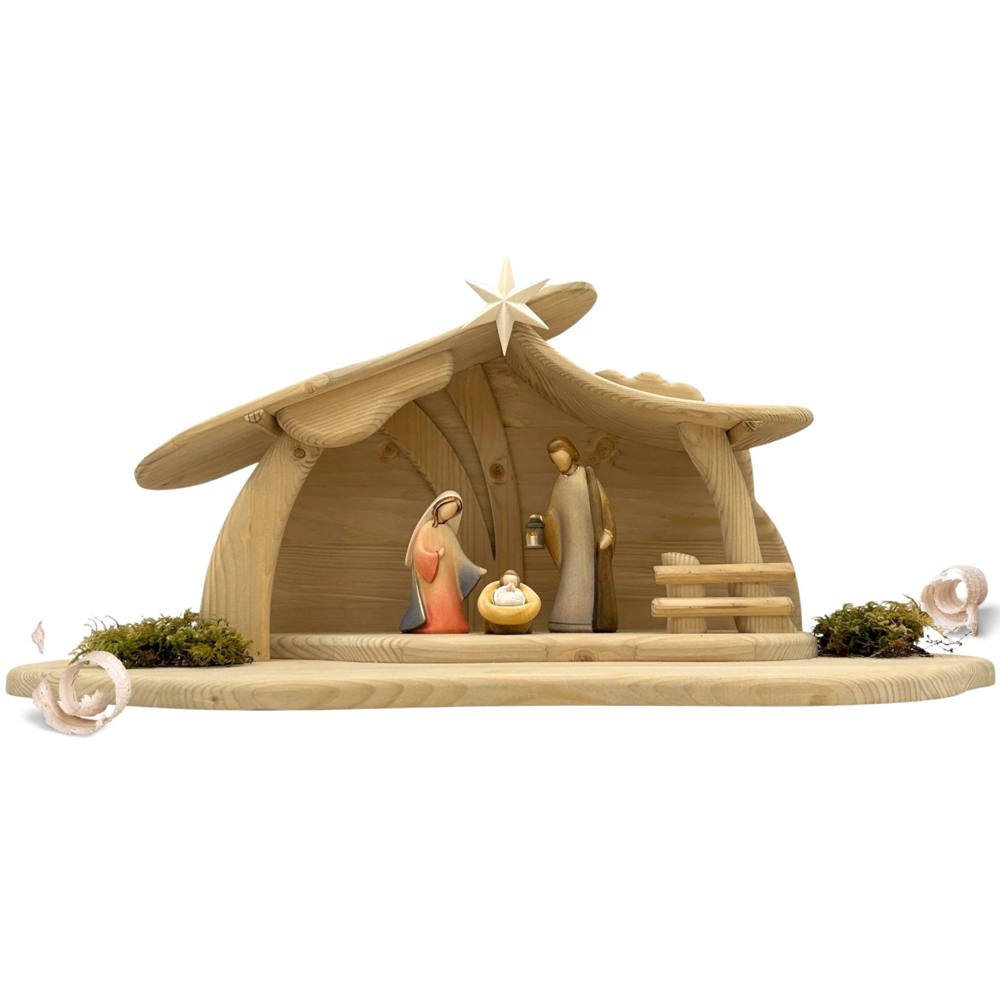 Akantus Krippe Weihnachtskrippe aus Holz: Hl. Familie (bemalt) mit Krippenstall, holzgeschnitzt, handbemalt, Ahornholz, Made in Südtirol