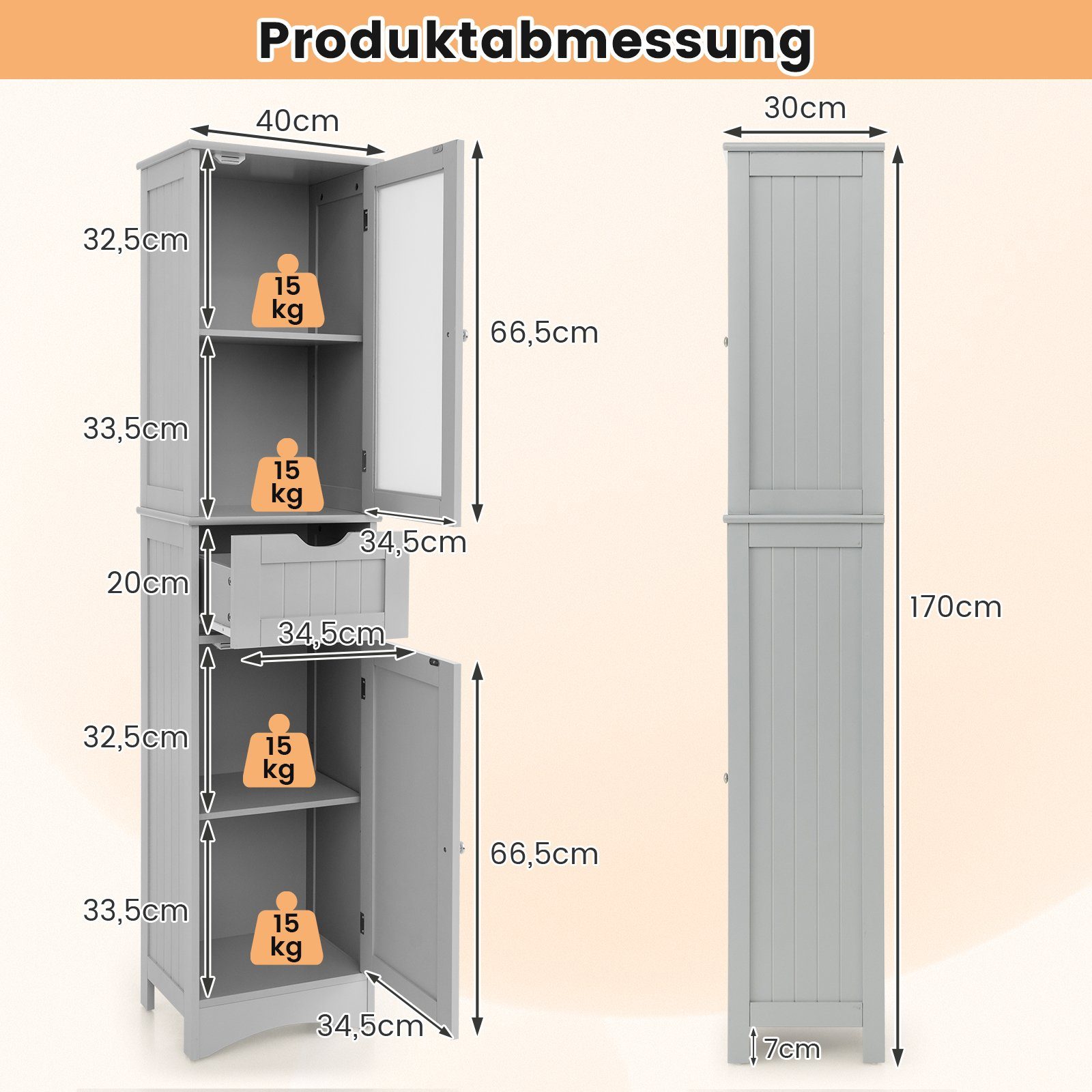 COSTWAY Hochschrank Badezimmerschrank schmal Holz 170cm mit Schublade, 4 Fächern – Bild 5 von 5