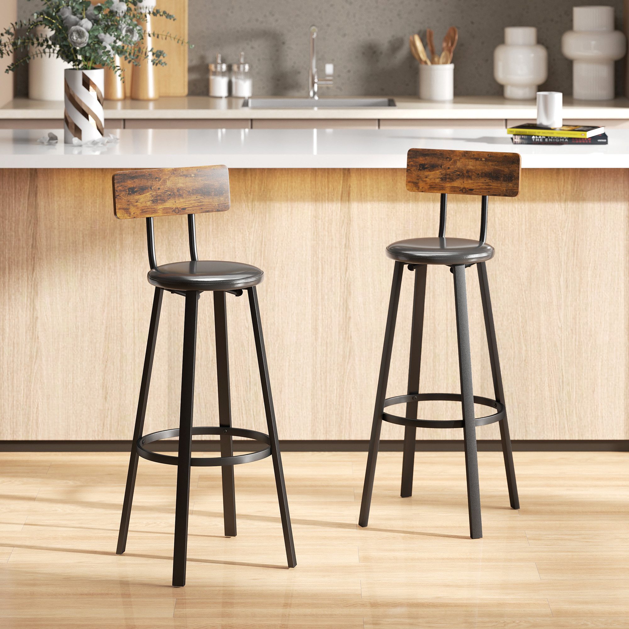 HOMCOM Barhocker Tresenhocker Barstuhl mit Fußstütze, Rückenlehne, 75,5 cm Sitzhöhe (Set, 2 St., 2er Set), Industriestil, einfache Montage, für Bartisch geeignet