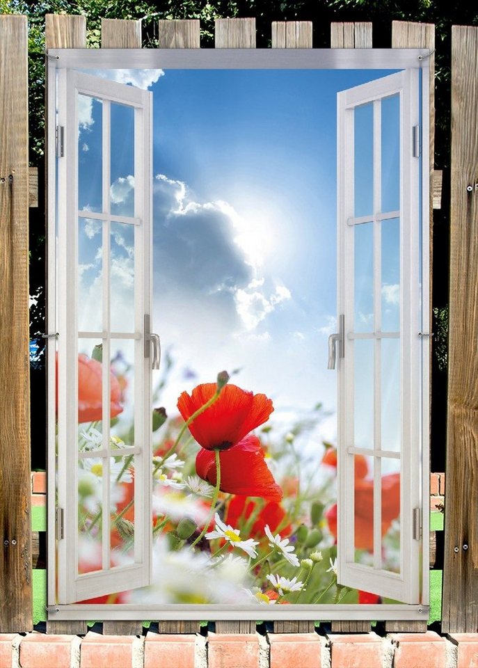 Thumbnail - Wallario Sichtschutzzaunmatten Mohnblumen unter blauem Himmel, mit Fenster-Illusion