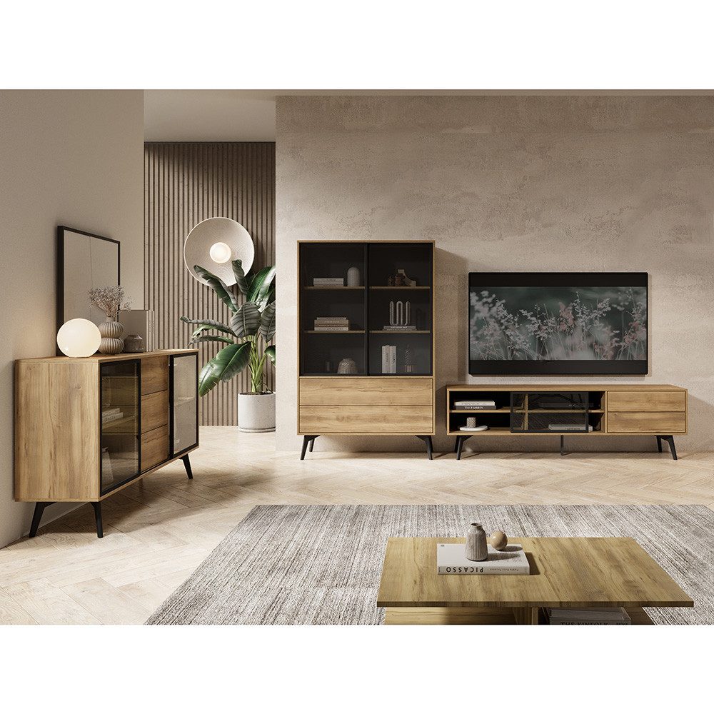 Lomadox Wohnzimmer-Set SIRACUSA-160, (Mega-Spar-Set, 3-St., Kommode Vitrine Lowboard), Wohnwand in Eiche mit TV-Board, Vitrinenschrank und Sideboard