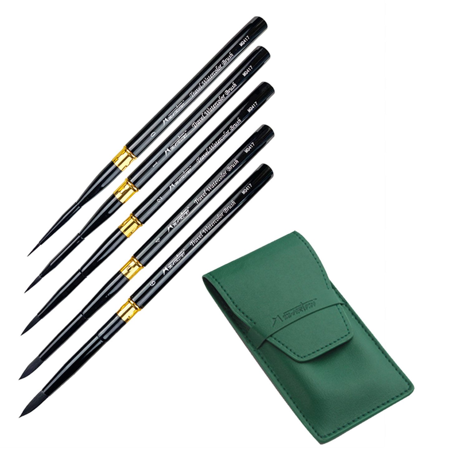 Mairtini Pinsel TravelMate Set – 5 Pinsel (Größe 0 / 1 / 2 / 4 / 6), (5 St), mit eleganter grüner Aufbewahrungstasche - Detailpinsel für Aquarell