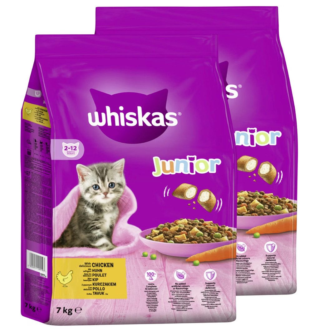 Whiskas WHISKAS® Beutel Trocken Junior mit Huhn 2 x 7kg, Trockenfutter für: Katze