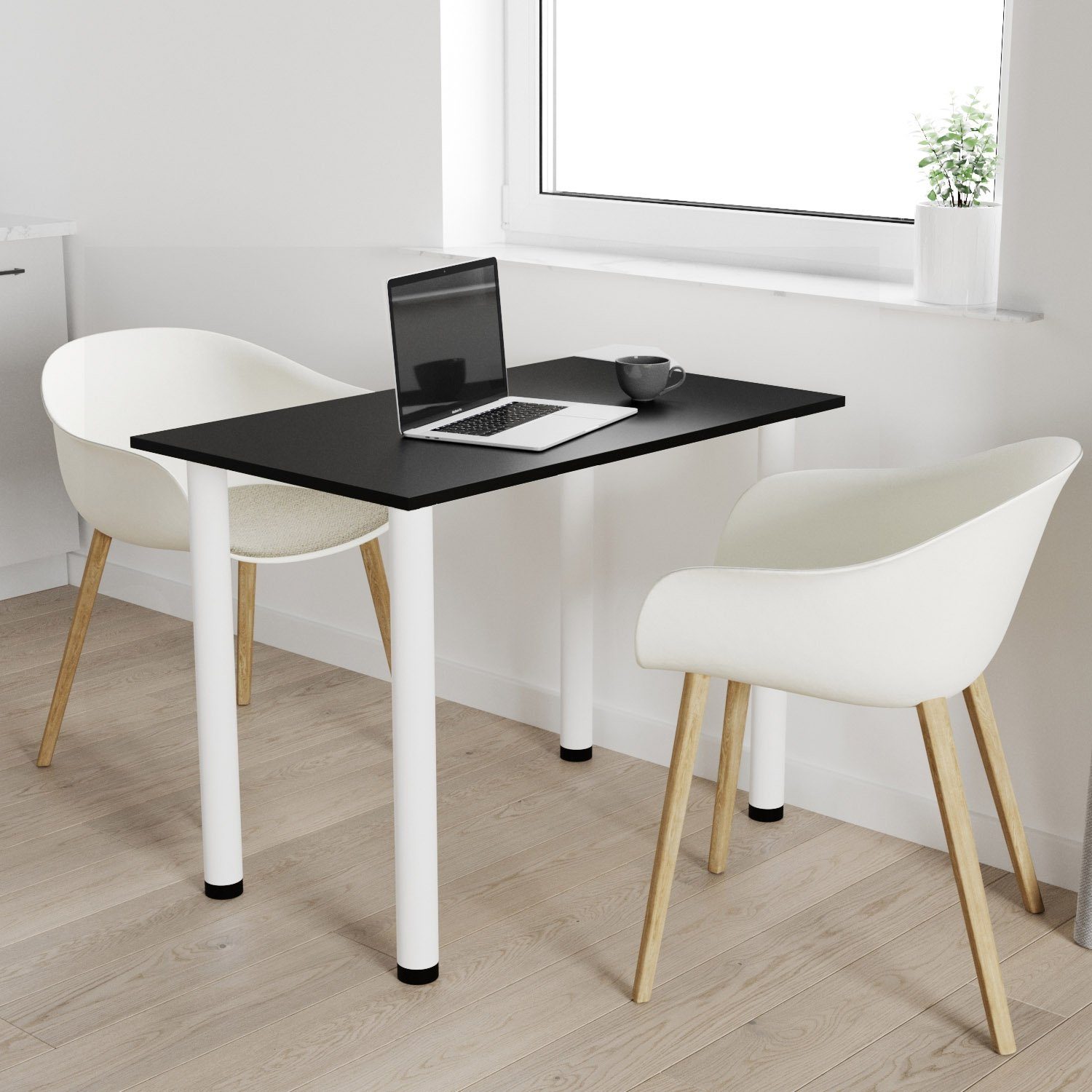 AKKE Esstisch, Esszimmertisch mit weißen Beinen Küchentisch Bürotisch 2mm PVC Schwarz