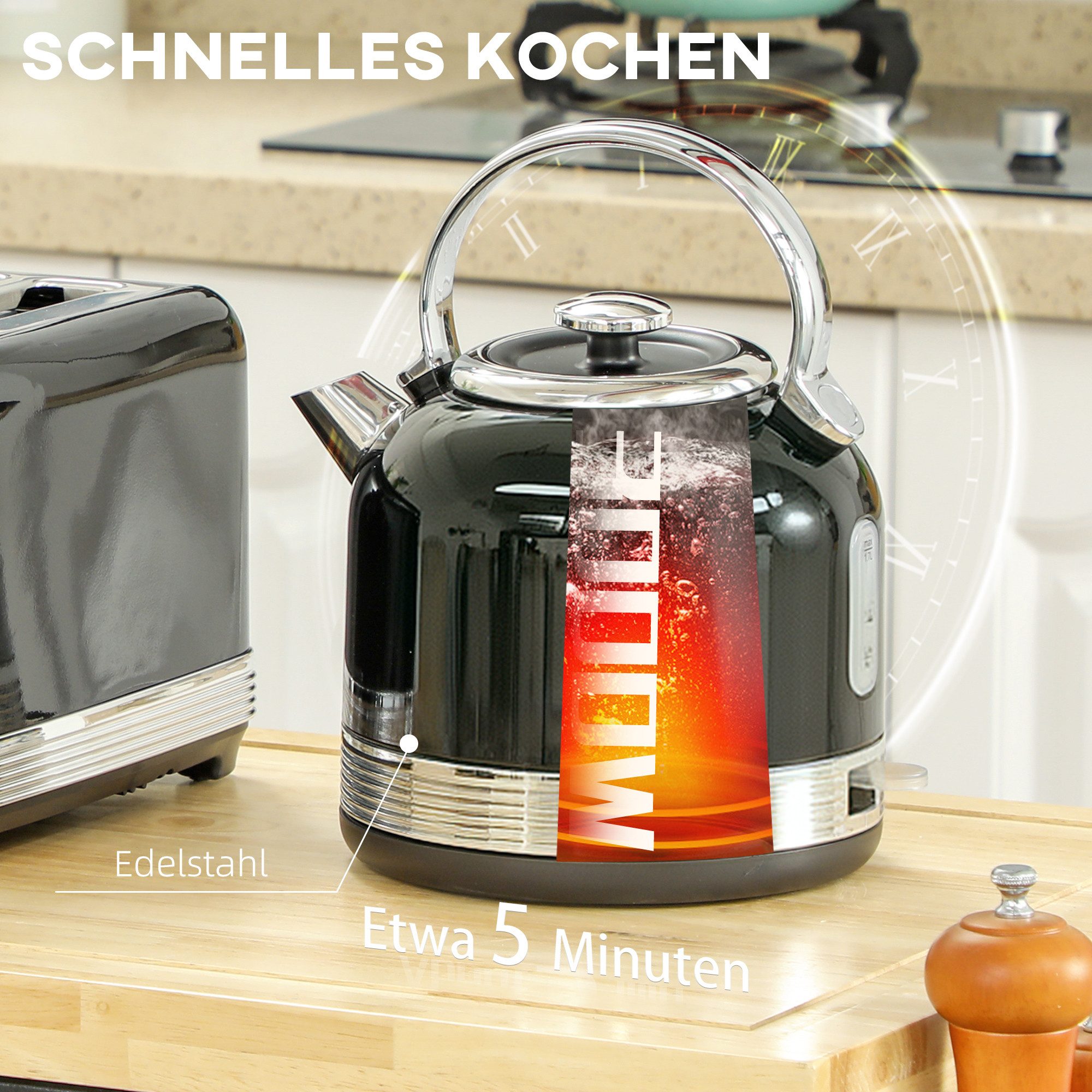 HOMCOM Toaster Wasserkocher Set Edelstahl 1,7L, 4 Scheiben, Aufwärmen, Auftauen, Kocher-Toaster-Set, für Frühstückszubereitung, 2200 W, 7 Bräunungsstufen, Krüme – Bild 4 von 5