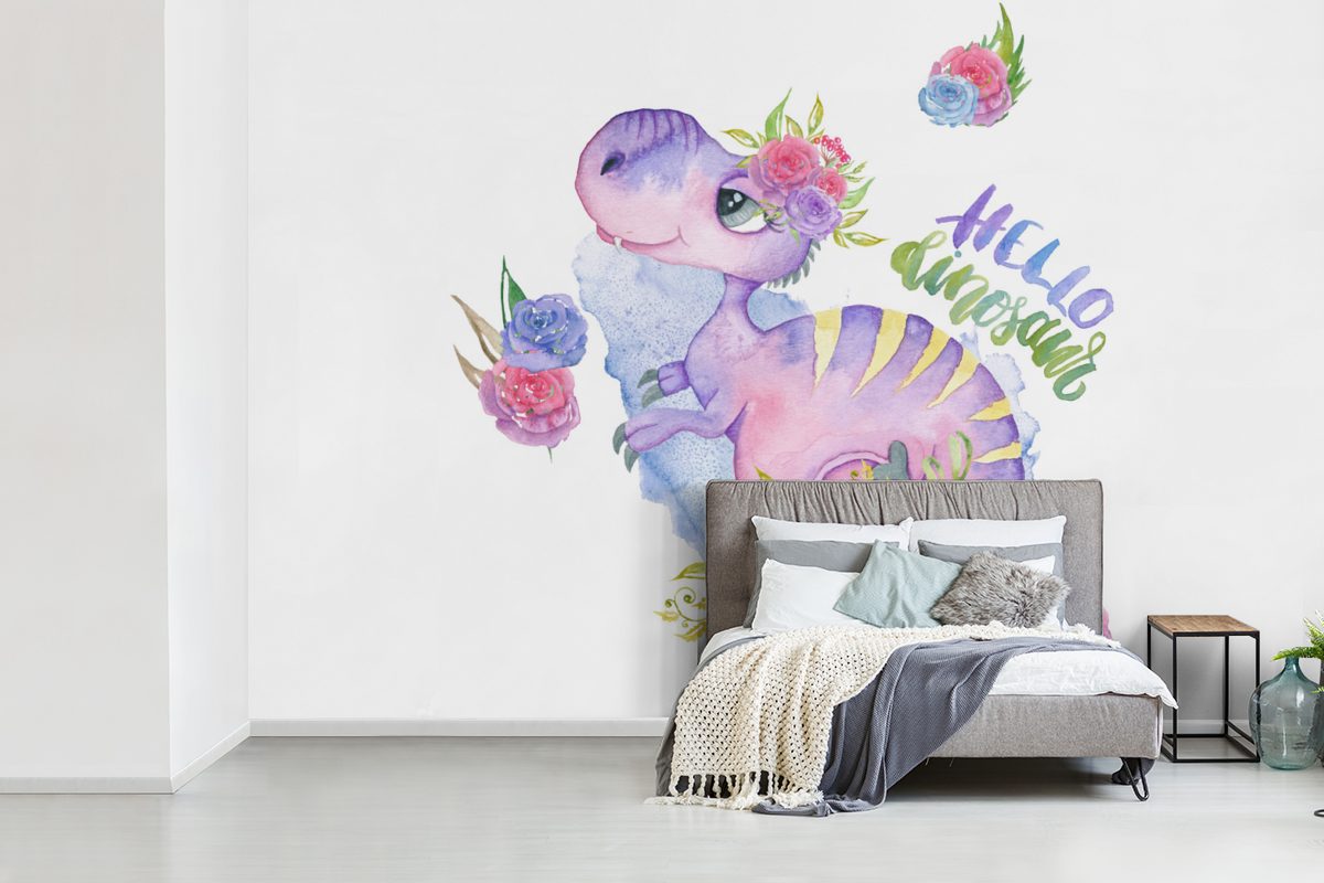 Rosa, - MuchoWow für Kinder Kinderzimmer bedruckt, - Dinosaurier Tapete Kinderzimmer, - - Wohnzimmer, St), Vinyl Fototapete Aquarell (6 Wallpaper Schlafzimmer, Matt, Mädchen -