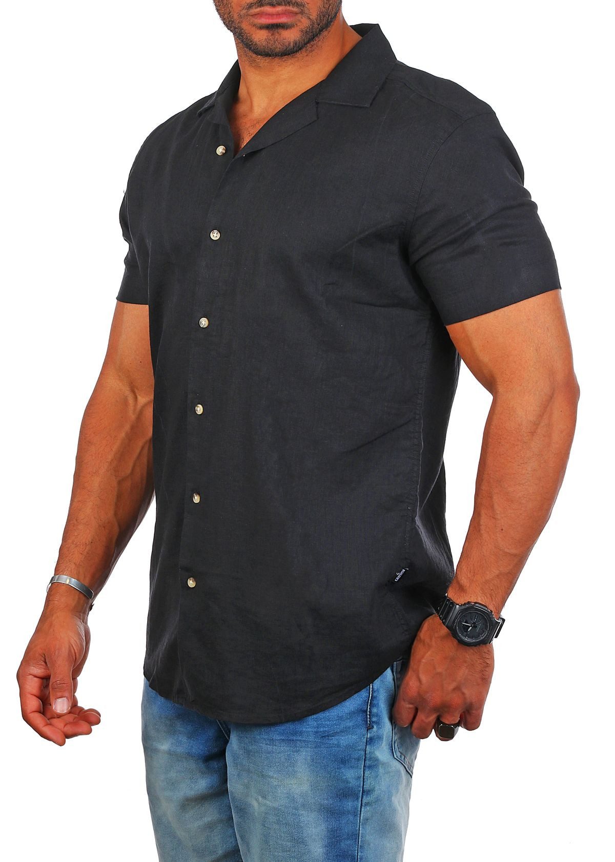 CARISMA Kurzarmhemd Herren Leinen Baumwoll Mix Casual Hemd 9212 Regular Kurzarm Kentkragen Uni – Bild 3 von 5