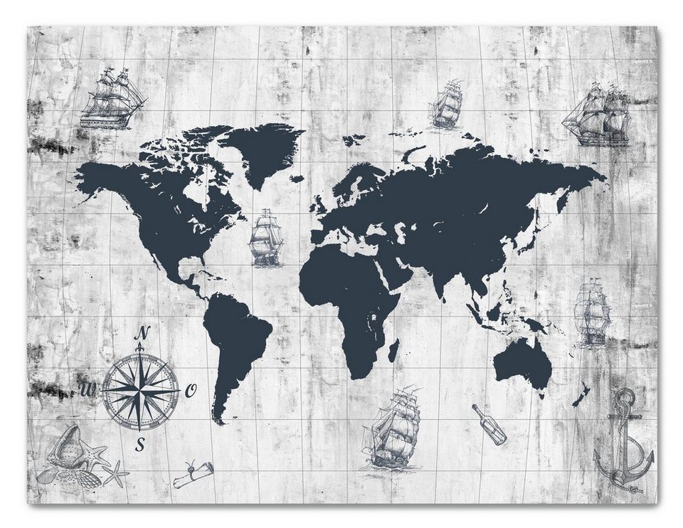 wandmotiv24 Leinwandbild Weltkarte, Querformat, maritime Landkarte,  Weltkarten (1 St), Wandbild, Wanddeko, Leinwandbilder in versch. Größen