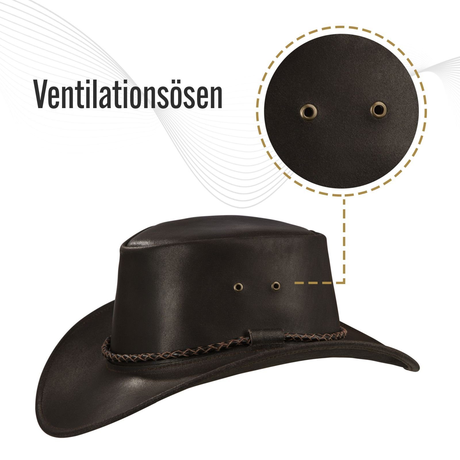 BLACK FOREST FOX Cowboyhut Western Cowboy Rindsleder Hut Herren JERO in 3 Farben Braun Größe XXL