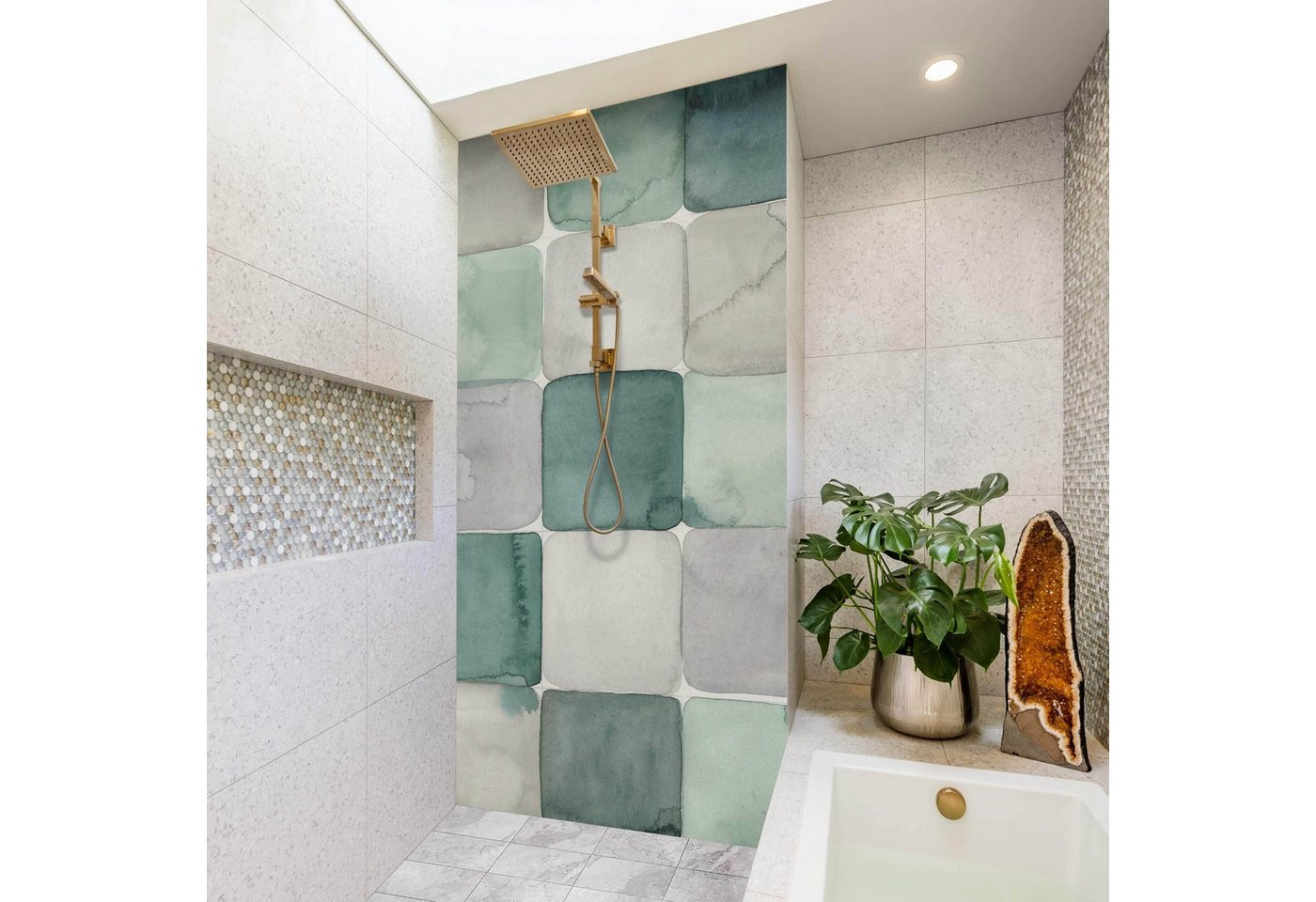 Thumbnail - Bilderdepot24 Badrückwand Mosaik petrol Duschrückwand ohne Bohren Fliesenoptik, (Hartfolie matt » Selbstklebend SMART 0,...