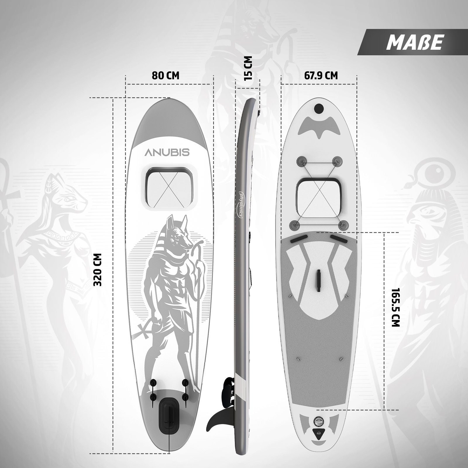 Board Physionics SUP-Board SUP Aufblasbares Stand Anubis(Silber) 320cm Board Paddle Up