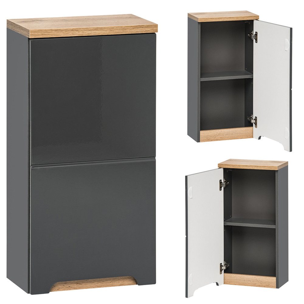 Lomadox Hängeschrank SOLNA-56 Badezimmer, Hochglanz grau mit Wotaneiche, BxHxT ca. 35x70x20cm