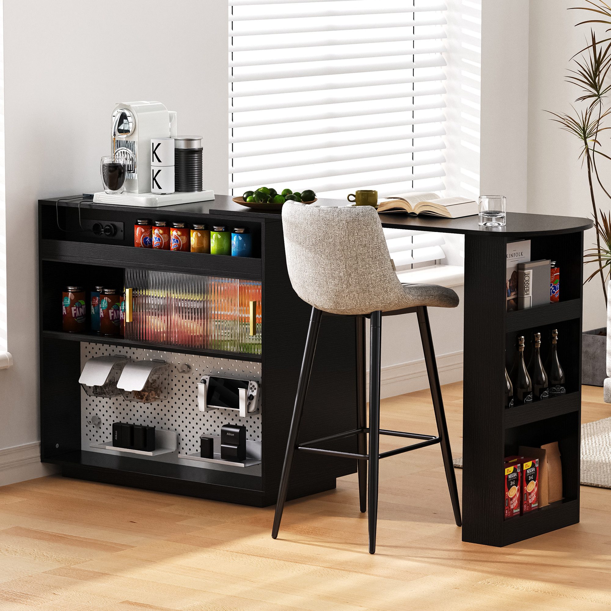 HAUSS SPOLE Bartisch ausziehbar mit stauraum,Esstisch mit LED und Steckdosen für Küche (Ausziehbar 360° Drehbare Sideboard mit Lochbrett, integrierter Stauraum hinter den Längsstreifen), offene Fächer, geschlossene Schränke und Schubladen