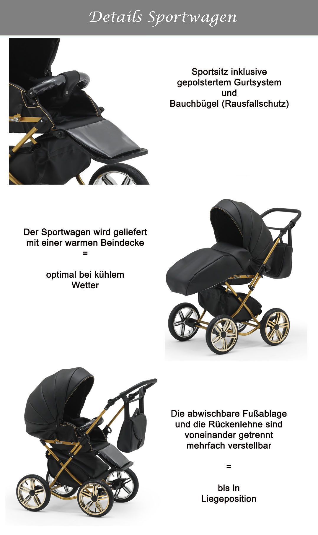 BabyMerc Kombi-Kinderwagen Sorento Gold 2 in 1 inkl. Sportsitz und Zubehör in 30 Farben