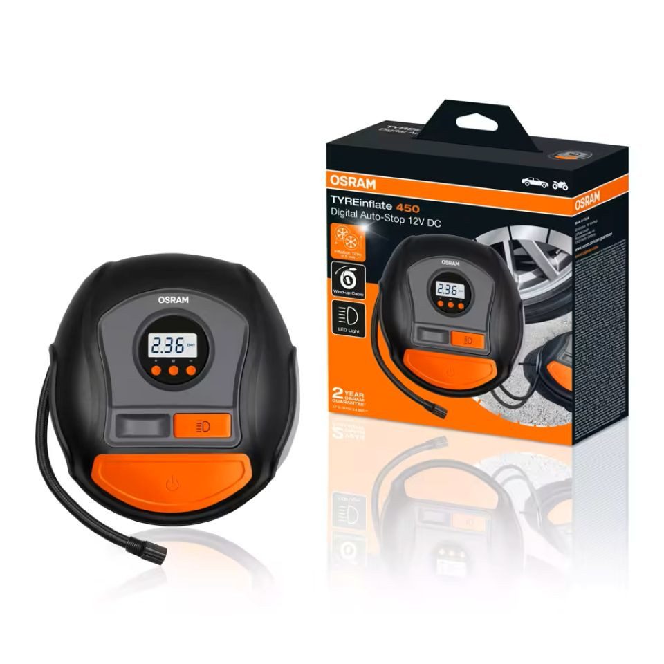 Osram Akku-Luftpumpe OSRAM TYREinflate 450 (Einzelset, 1-tlg., inkl. 3-teiligen Adapter), Inklusive Adapter für Fahrräder, Bälle und Luftmatratzen