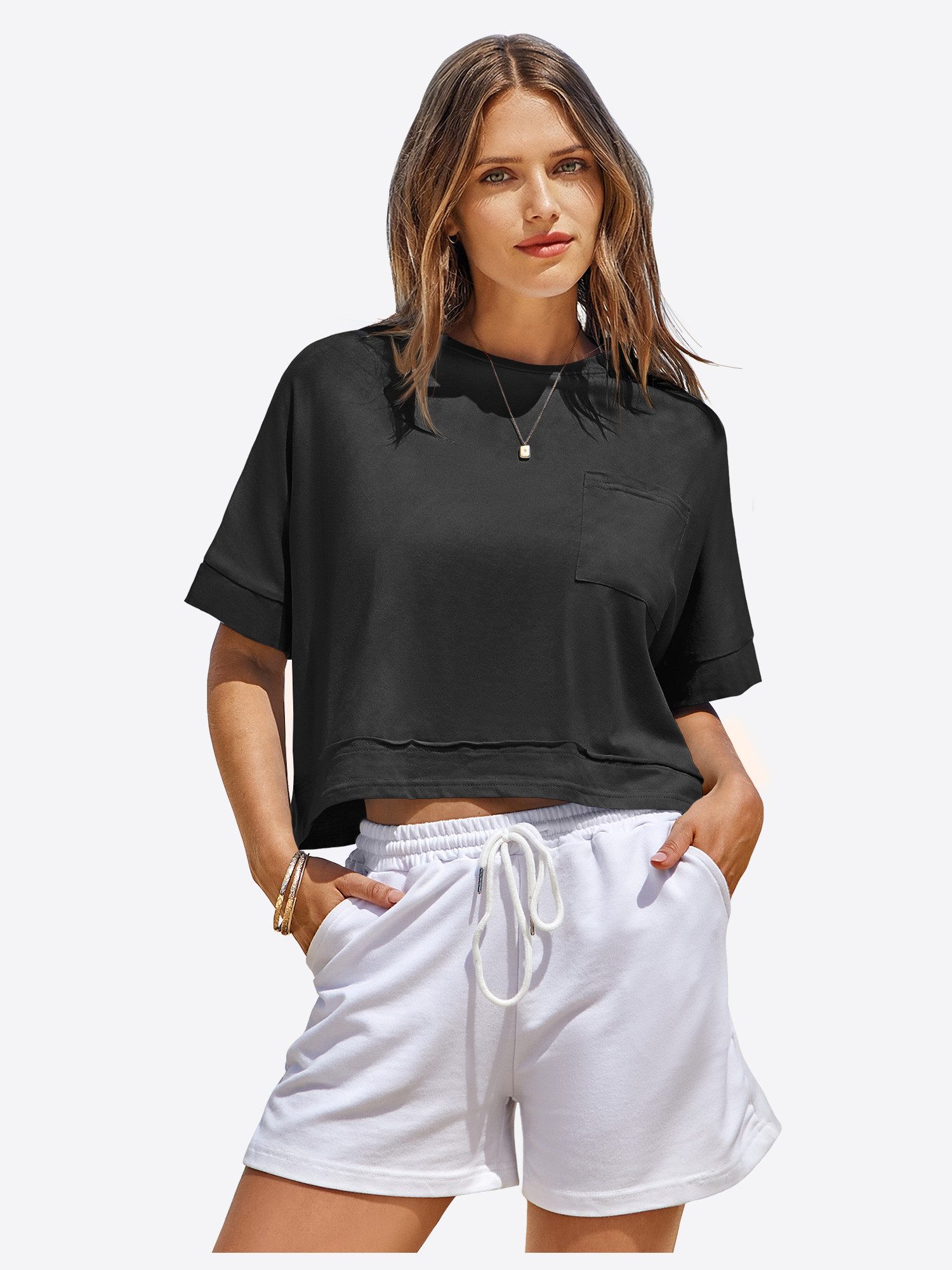 T-Shirt Damen Oversize Cropped Kurzarm Sommer Basic Casual mit Brusttasche