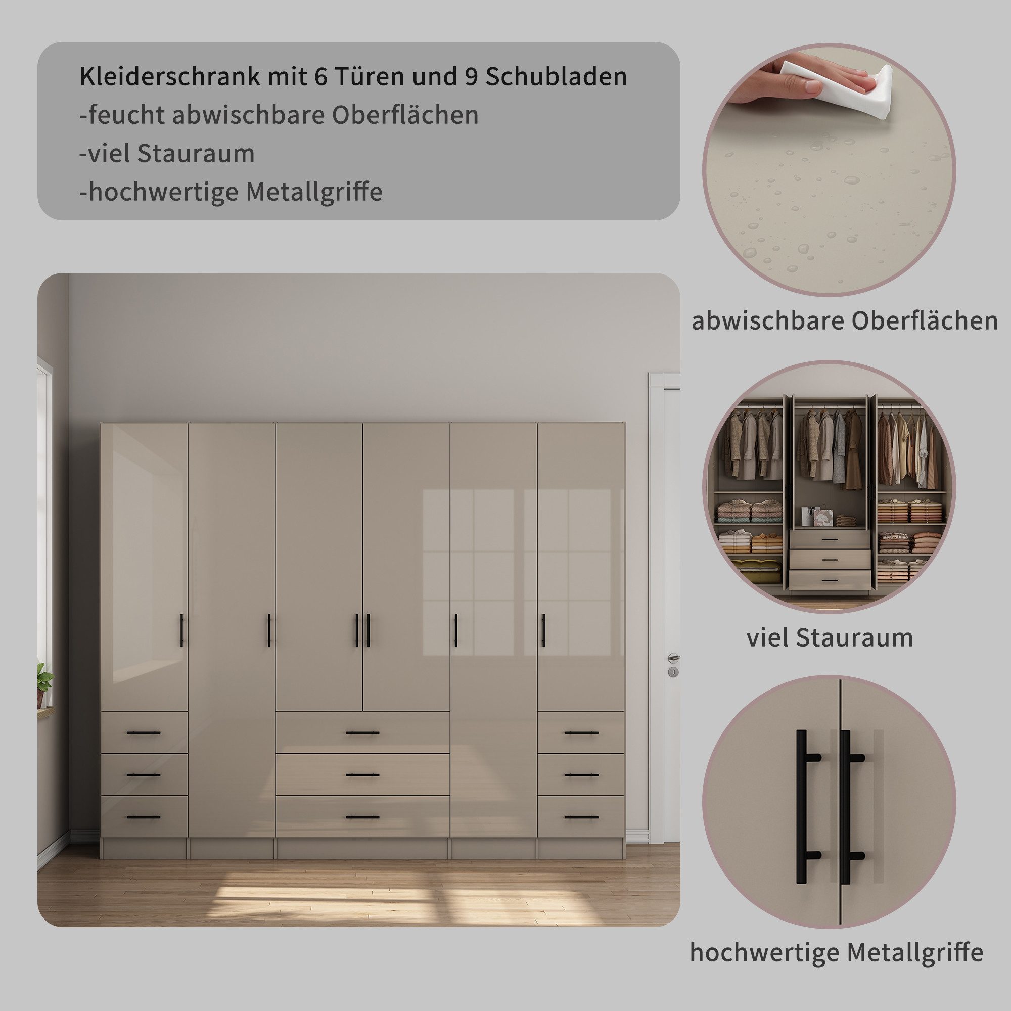 OTTO home Kleiderschrank Trento Schlafzimmerschrank Garderobe hochglanz Schrank mit 6 Türen und 9 Schubladen, hochglänzende Fronten