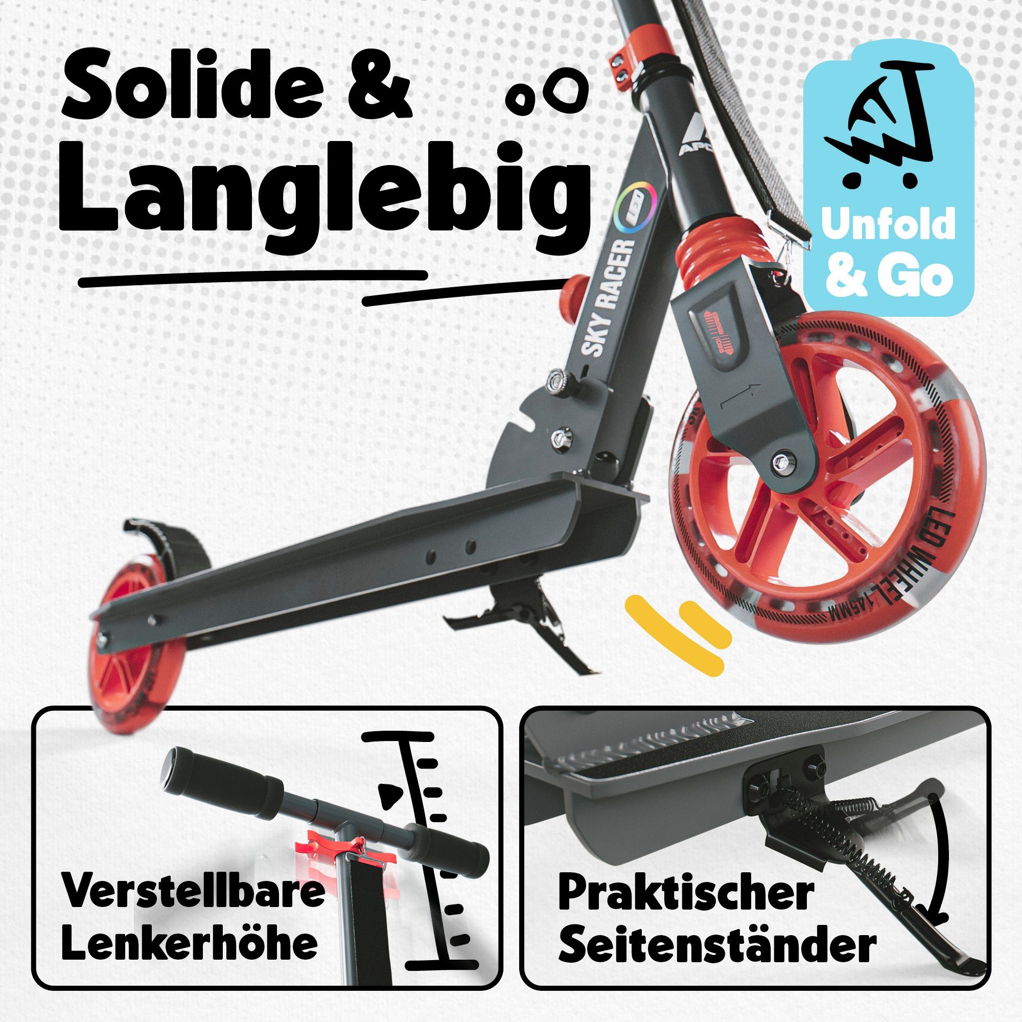 Apollo Cityroller Skyracer LED City Scooter Kinder, Tretroller mit Federung, klappbarer Kinderroller, höhenverstellbar
