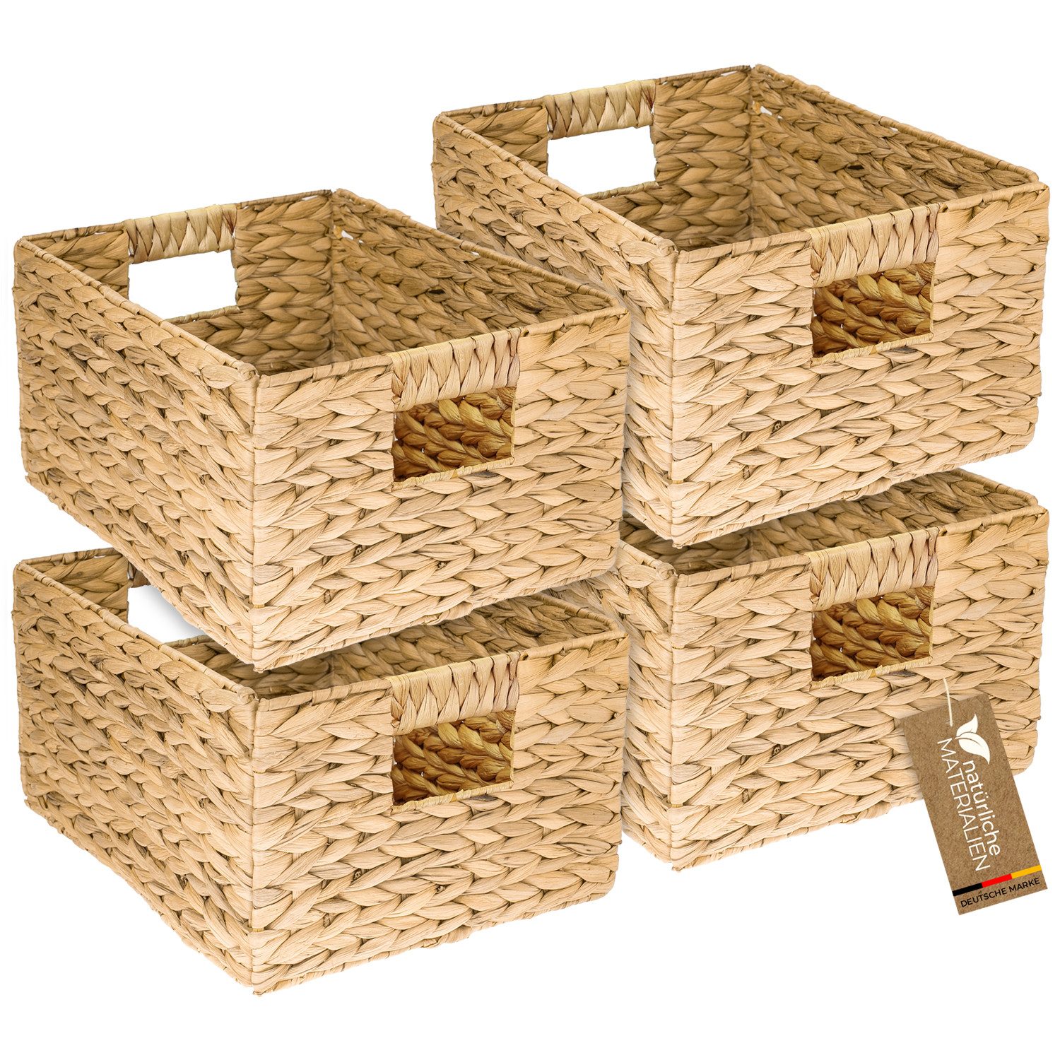 HMF Aufbewahrungskorb Aufbewahrungskorb Wasserhyazinthe, Korb mit Griffen zur Aufbewahrung (4er Set, 4 St), für Badezimmer Küche und Wohnbereich, Größe L, 36 x 28 x 20 cm, Natur