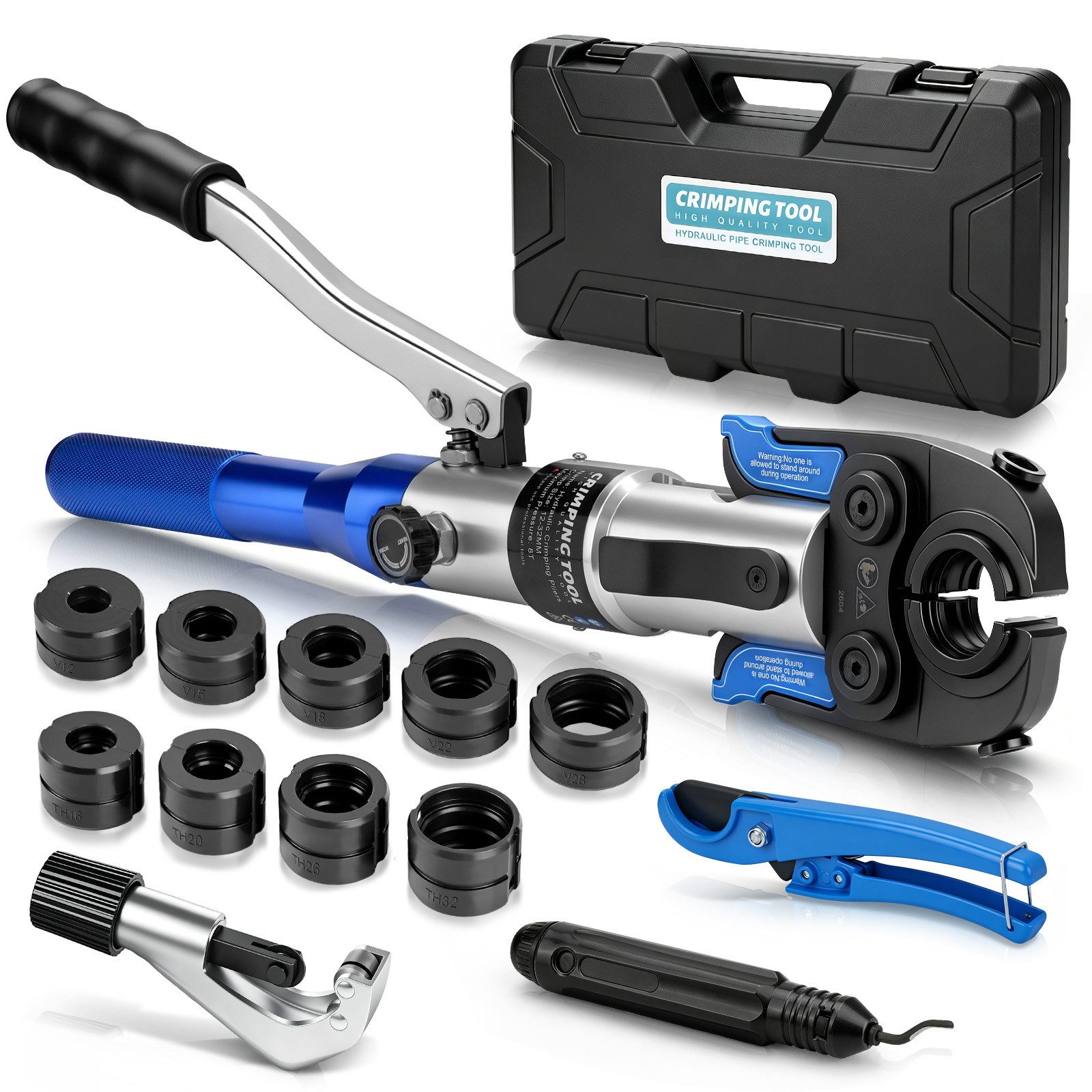 XERSEK Rohrzange 80kN Offenen-Krönbacken Presszange Hydraulische Rohrpresszange, Set 14-tlg., Presswerkzeug mit TH/V-Pressbacken und Rohrschneider, für Edelstahl, Kupfer, PEX & Verbundrohre, 12–32 mm