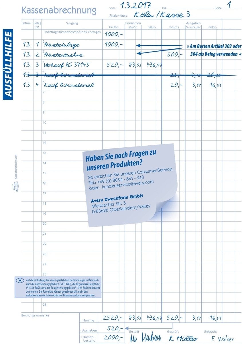 Formularblock Kassenabrechnung A4 RC Blaupapier 2x50 Blatt