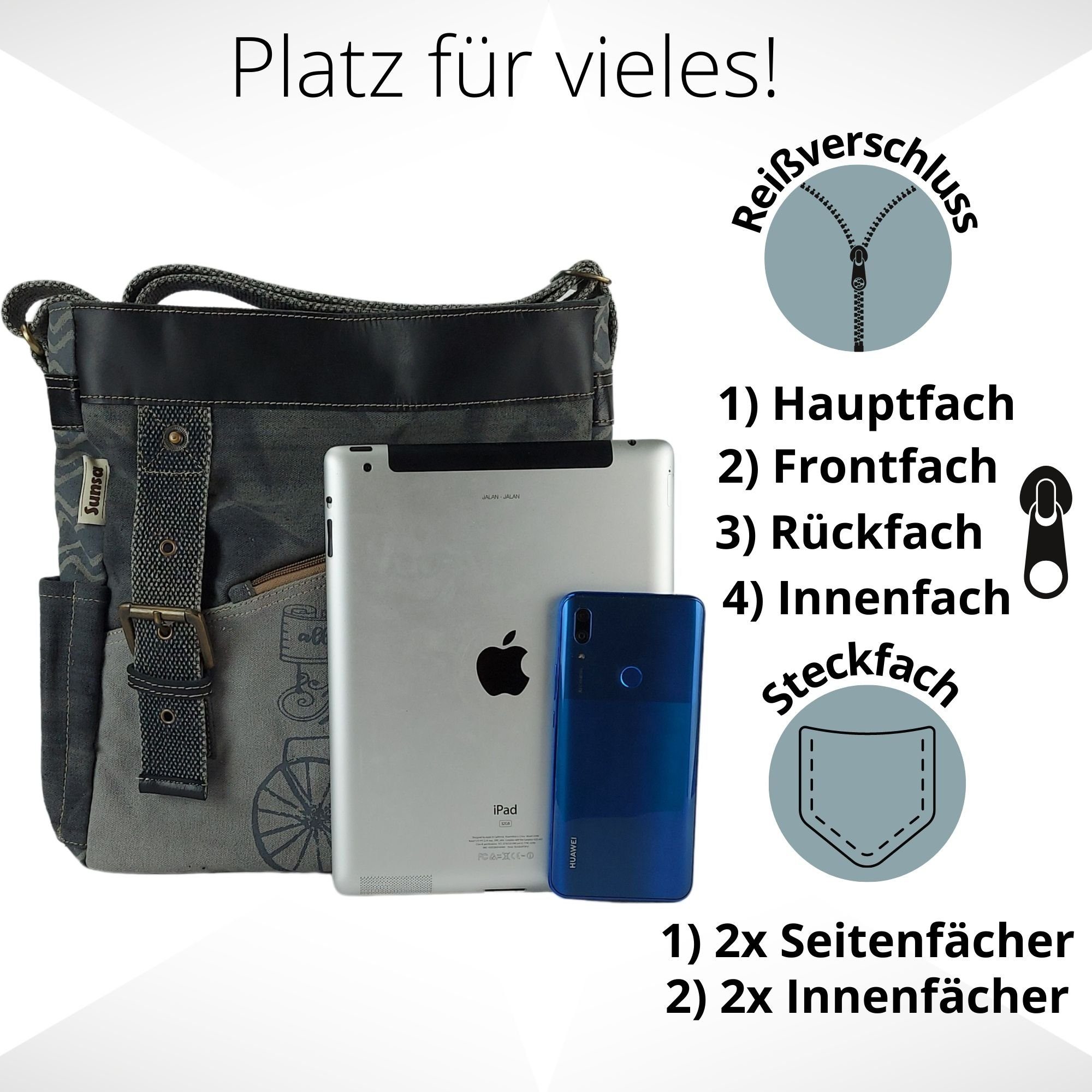 Sunsa Umhängetasche schwarz große Tasche aus Canvas Leder Schultertasche, Damentasche, Echt Leder, mit verstellbaren Schulterriemen – Bild 5 von 5