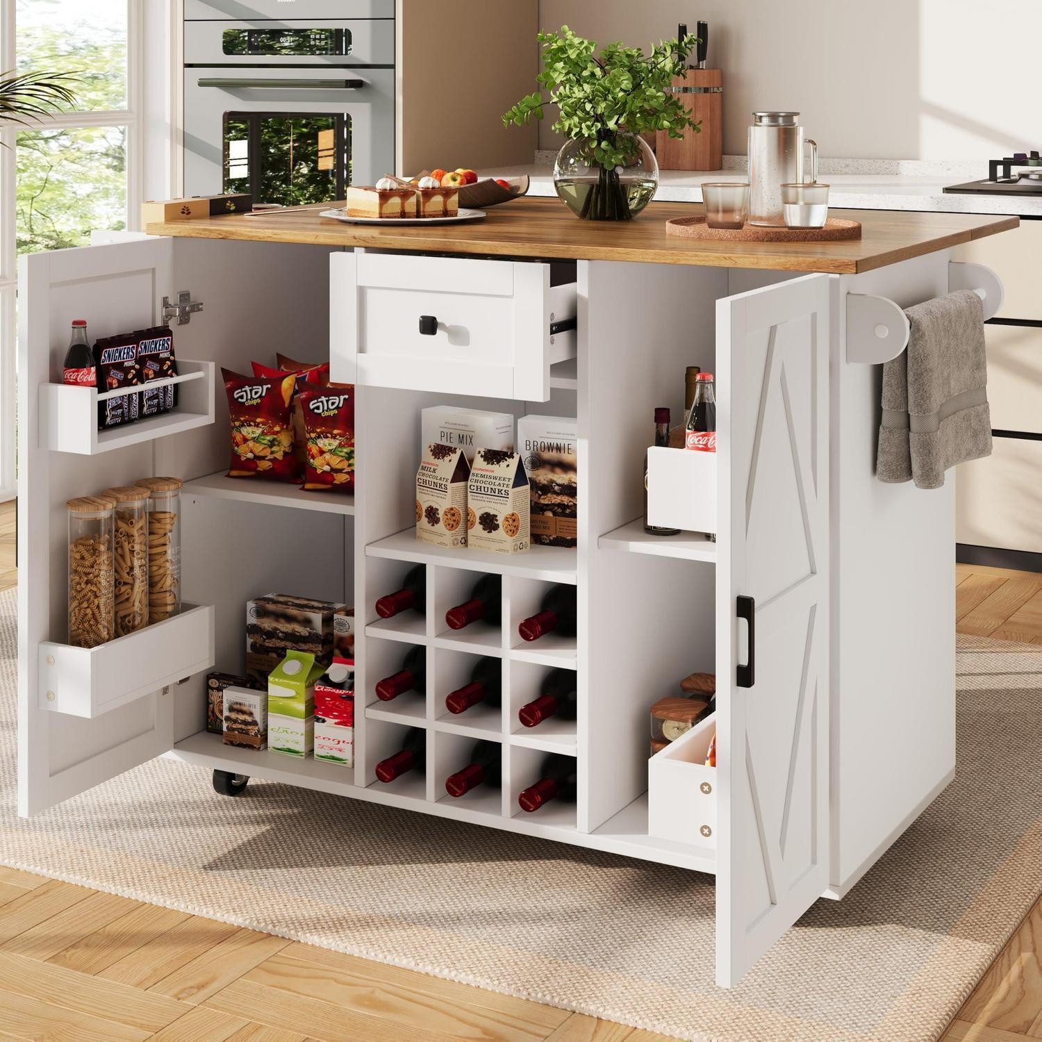 LuxusKollektion Küchenbuffet Kücheninsel klappbar mit Weinregal Stauraum und Rollen