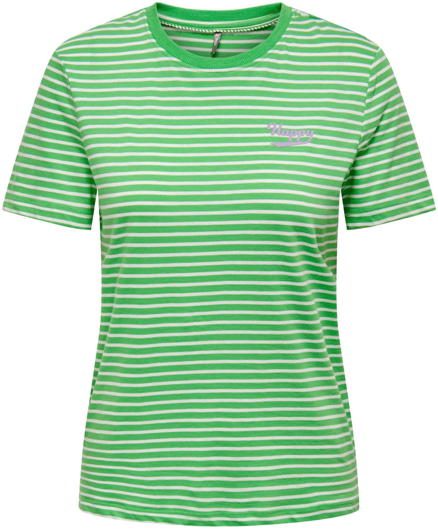 ONLY Rundhalsshirt TOP Green Print:Happy ONLWEEKDAY BOX JRS Vibrant rose) STRIPE S/S REG (purple