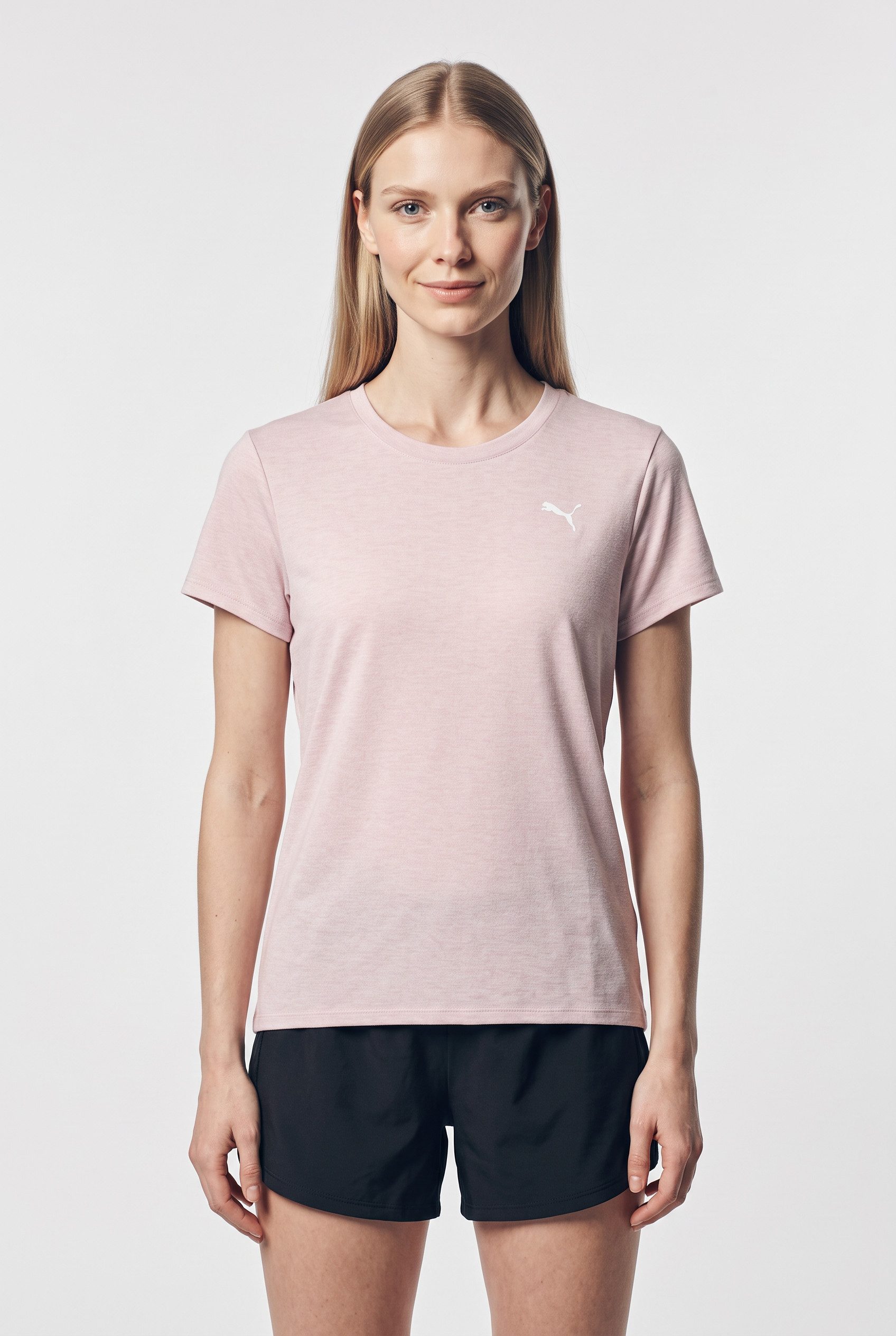 PUMA Trainingsshirt W TAD ESSENTIAL HEATHER TEE mit kleinem Logo auf der Brust, Kurzarm, in normaler Länge
