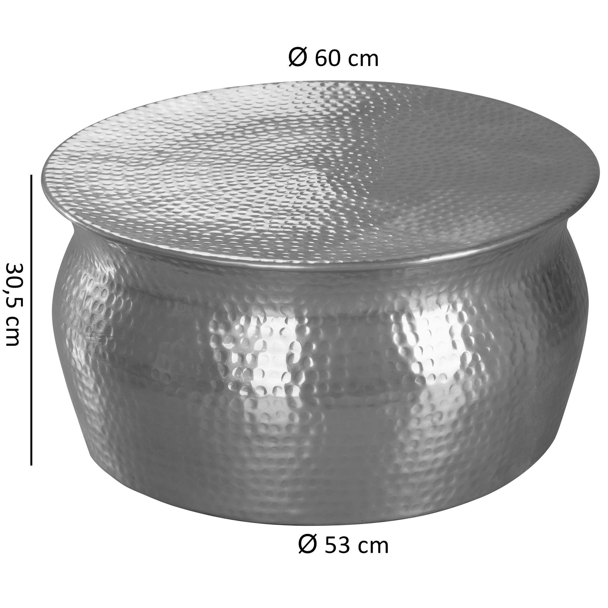 WL5.454 Hammerschlag (60x30,5x60 Aluminium Silber Couchtisch Kleiner cm Rund), Wohnling Sofatisch Wohnzimmertisch, Orientalisch