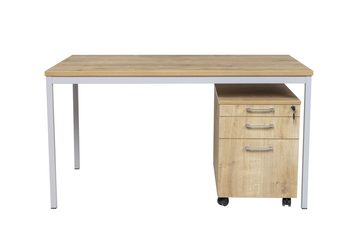 Furni24 Schreibtisch Schreibtisch und Rollcontainer, Holz, Saphir Eiche Dekor, 160X80X75 cm