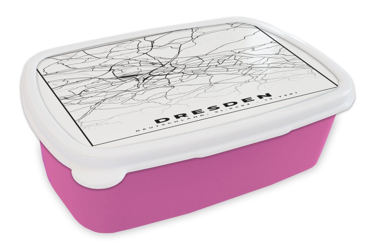 MuchoWow Lunchbox Karte - Dresden - Stadtplan, Kunststoff, (2-tlg), Brotbox für Erwachsene, Brotdose Kinder, Snackbox, Mädchen, Kunststoff rosa