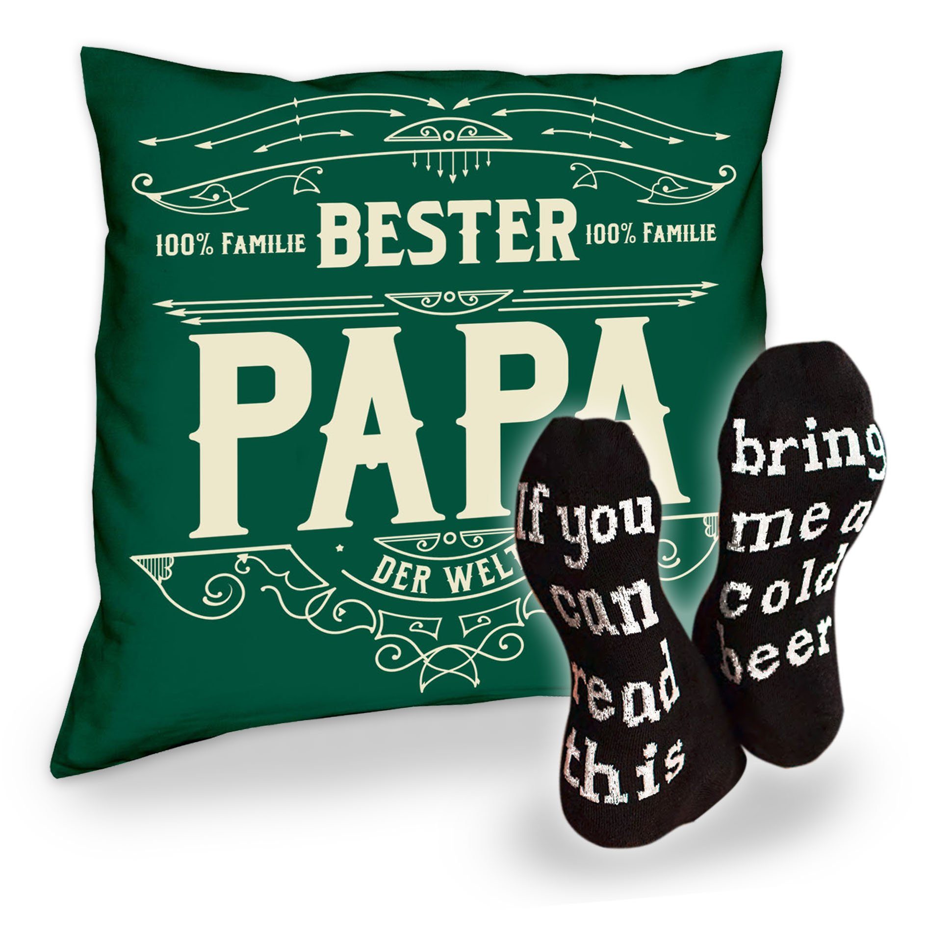 Papa mit Geburstag und Kissen Vatertag Soreso® Dekokissen Spruch, Geschenk Socken dunkelgrün Weihnachten Bier Bester