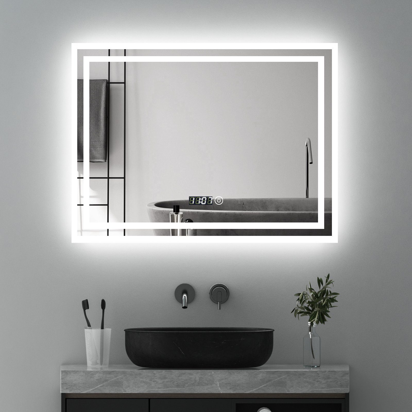 WDWRITTI LED-Lichtspiegel LED Badspiegel mit Uhr Touch 80x60 Wandspiegel Spiegel mit beleuchtung (3Lichtfarben, Helligkeit Dimmbar, Memory-Funktion), Energiesparend, IP44