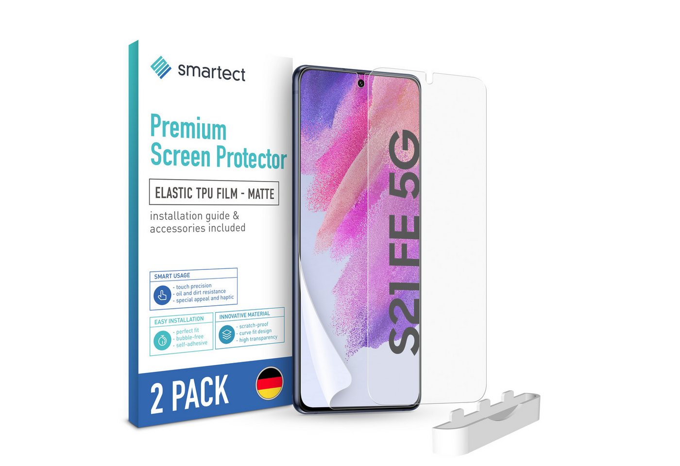 smartect Displayschutzfolie 2X TPU Schutzfolie Matt für Samsung Galaxy S21 FE für Samsung Galaxy S21 FE, Set, 2 Stück, Entspiegelt, Kratzfest, Blasenfrei, Oleophob, Fingerabdruck kompatibel