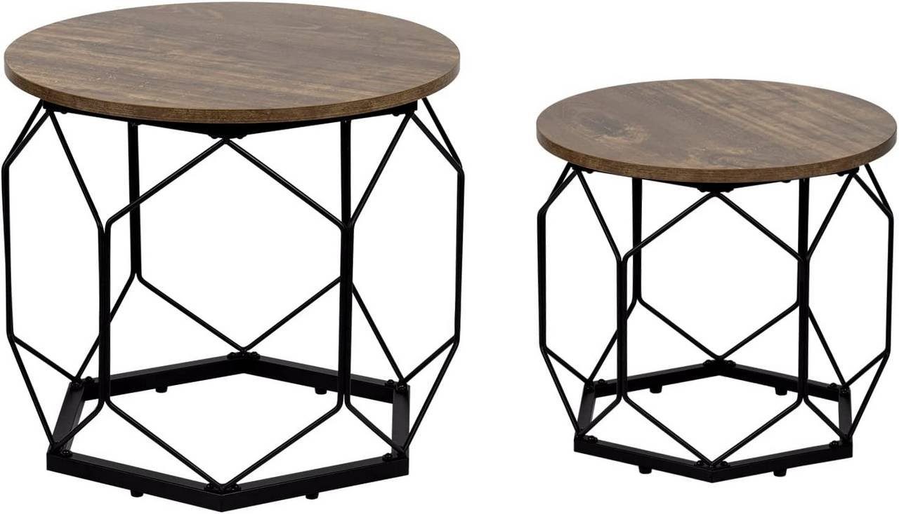 Woltu Couchtisch (2-St), mit runder Tischplatte Stauraum, Holzwerkstoff Metall Vintage+Schwarz