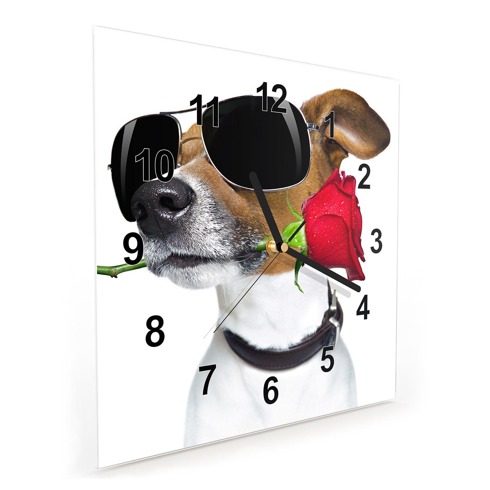 Wanduhr cm mit x 30 Glasuhr mit und Größe Wanduhr Brille Motiv Wandkunst 30 Hund Primedeco Rose