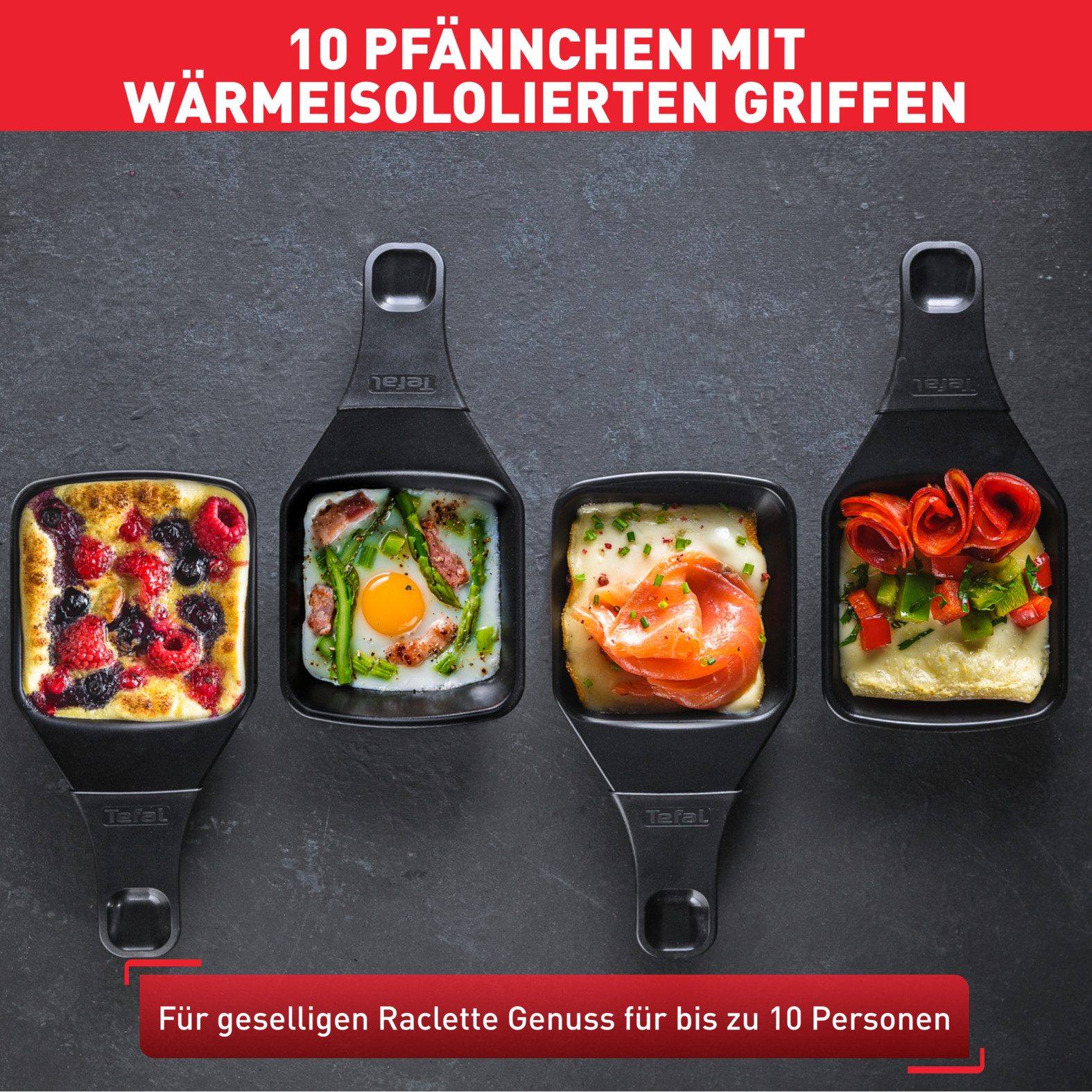 Tefal Raclette Ambiance, inkl. Tischgrill-Funktion, abnehmbares Kabel, 10 Raclettepfännchen, 1350 W, spülmaschinengeeignete Platte, RE4588