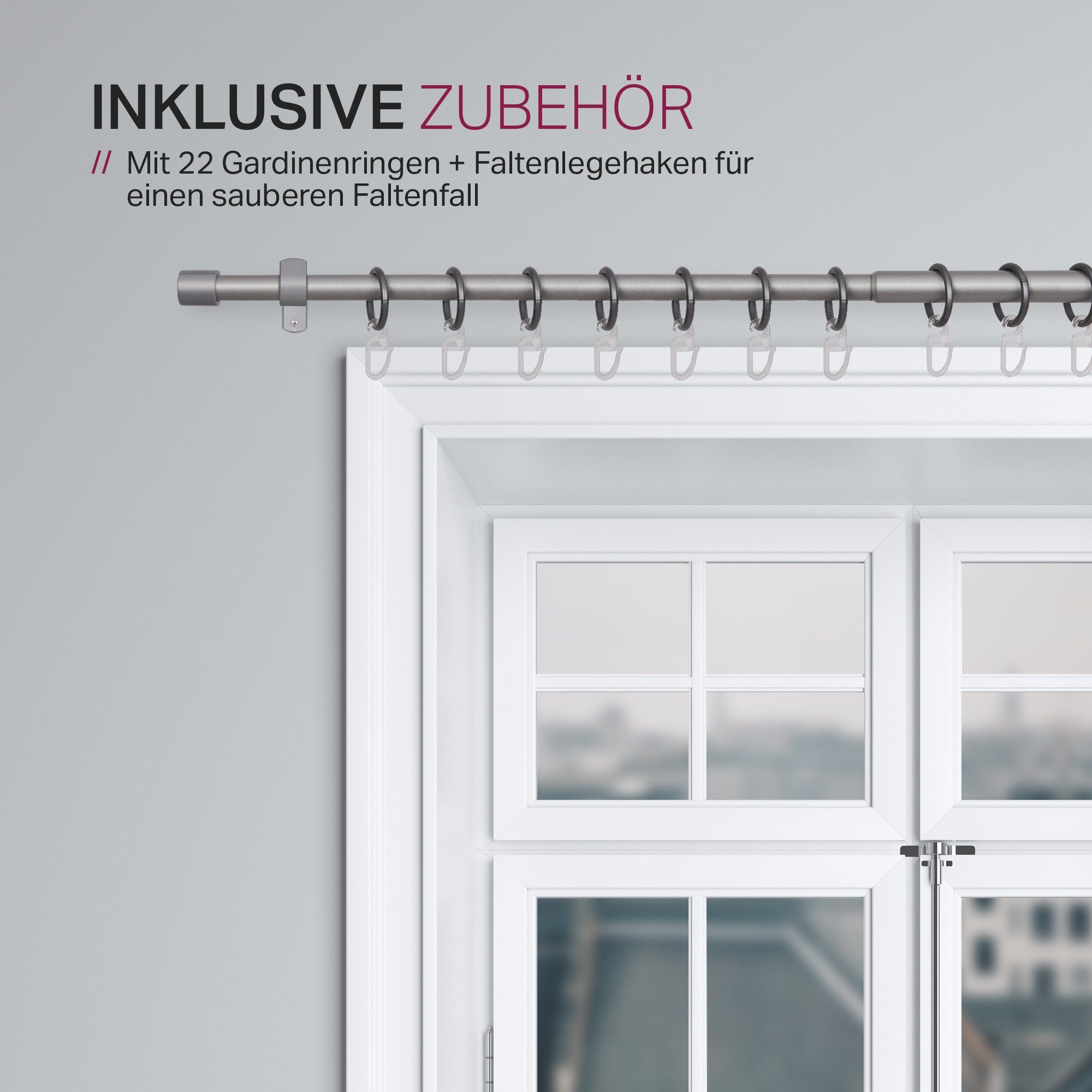 Bestlivings Gardinenstange Set mit dekorativen Endstücken, Ø 16 mm, 1-läufig, Wandträger, verschraubt, Metall, Kunststoff, Vorhangstange 120-220cm inkl. Ringe m – Bild 4 von 5