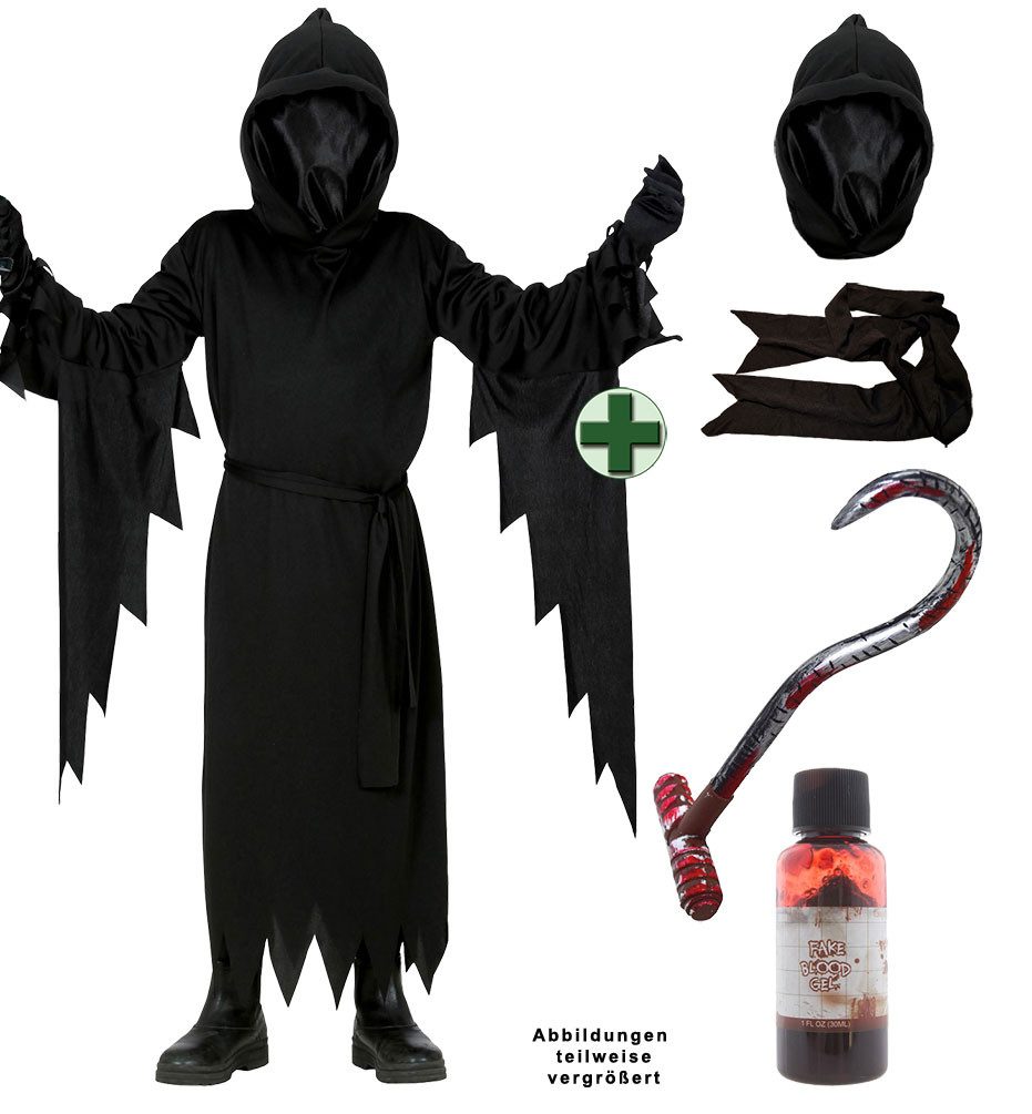 Karneval-Klamotten Zombie-Kostüm Kinder Killer schaurig Halloweenkostüm blutig, Halloween Jungen Mädchen Kapuzenumhang schwarz mit unsichtbarer Maske