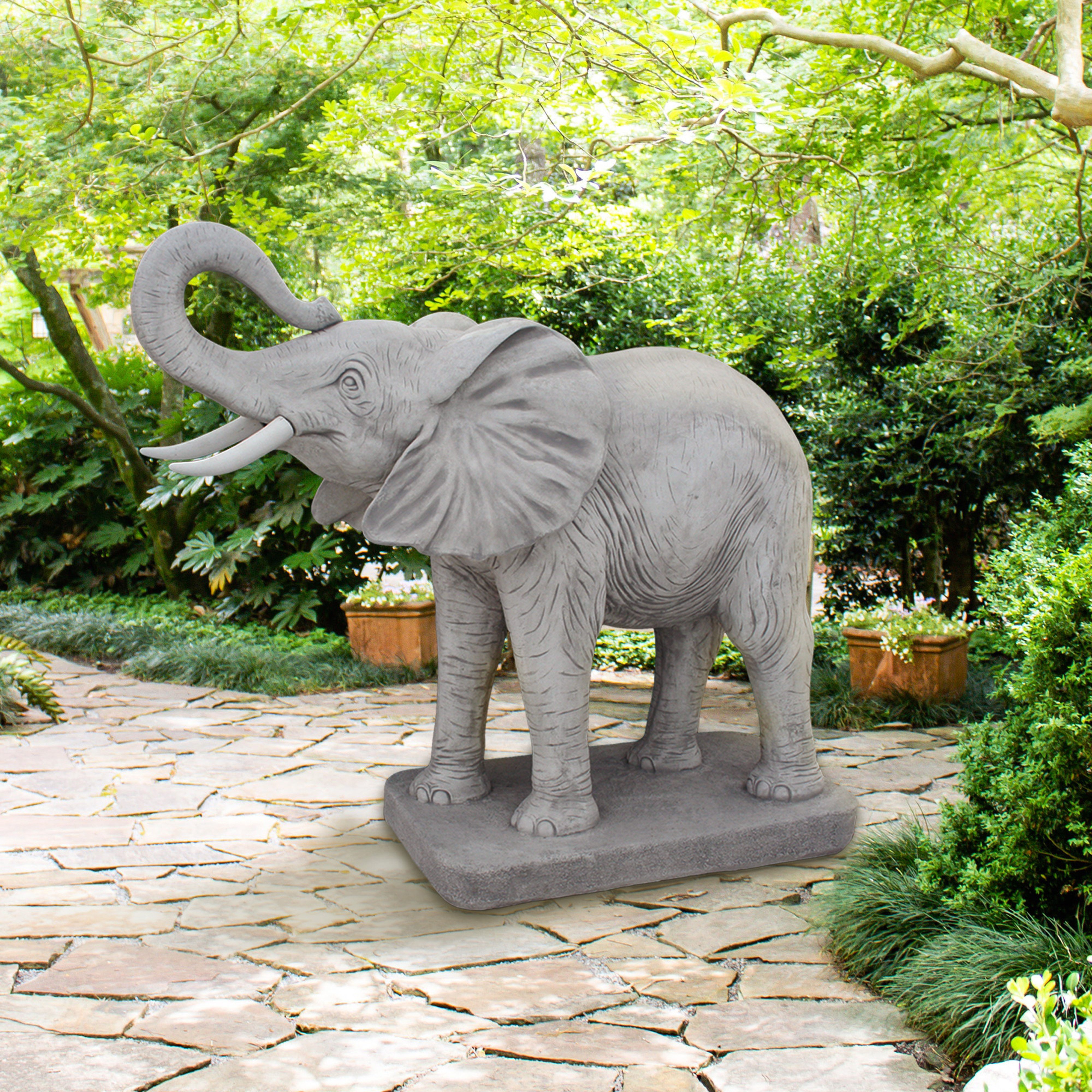 gartendekoparadies.de Gartenfigur Elefant auf Bodenplatte Steinfigur Steinguss 156 cm 950 kg, Frostsicher