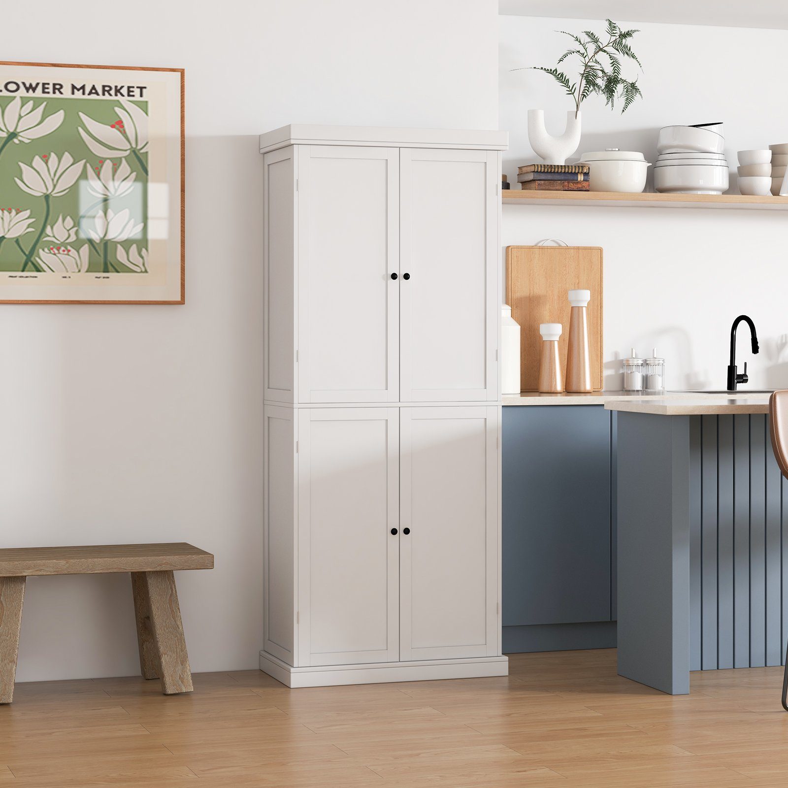 COSTWAY Kitchen Buffet, Kitchen Cabinet, Pantry Cabinet, 185cm, White