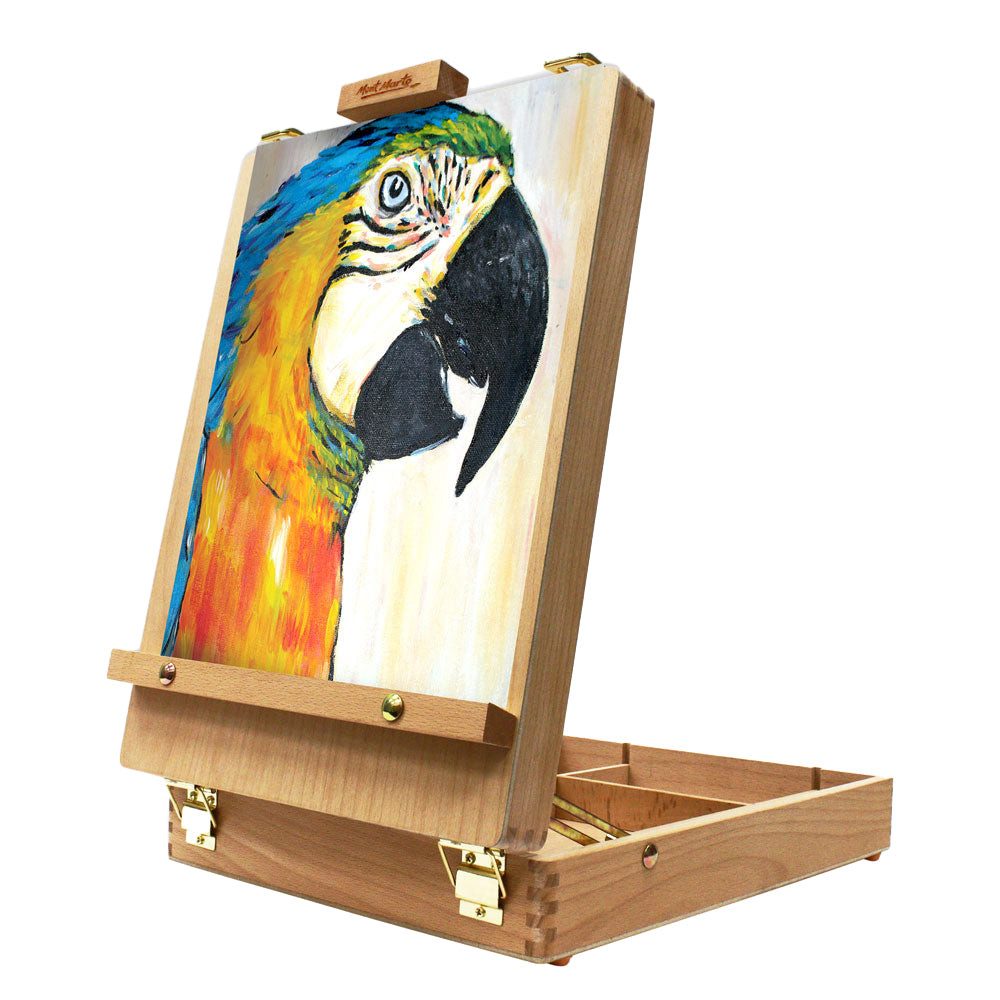 Mont Marte Kofferstaffelei Tischstaffelei aus Buchenholz 36 x 27 x 9,5 cm -für Leinwände bis 52cm, Tischstaffelei mit Stauraum für Pinsel, Farben & Zeichenutensilien