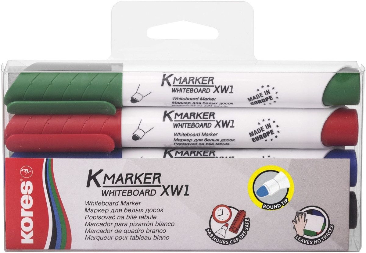 KORES Whiteboard Marker Whiteboardmarker 3mm Rundspitze Set mit 4 Farben schwarz, blau, rot, g