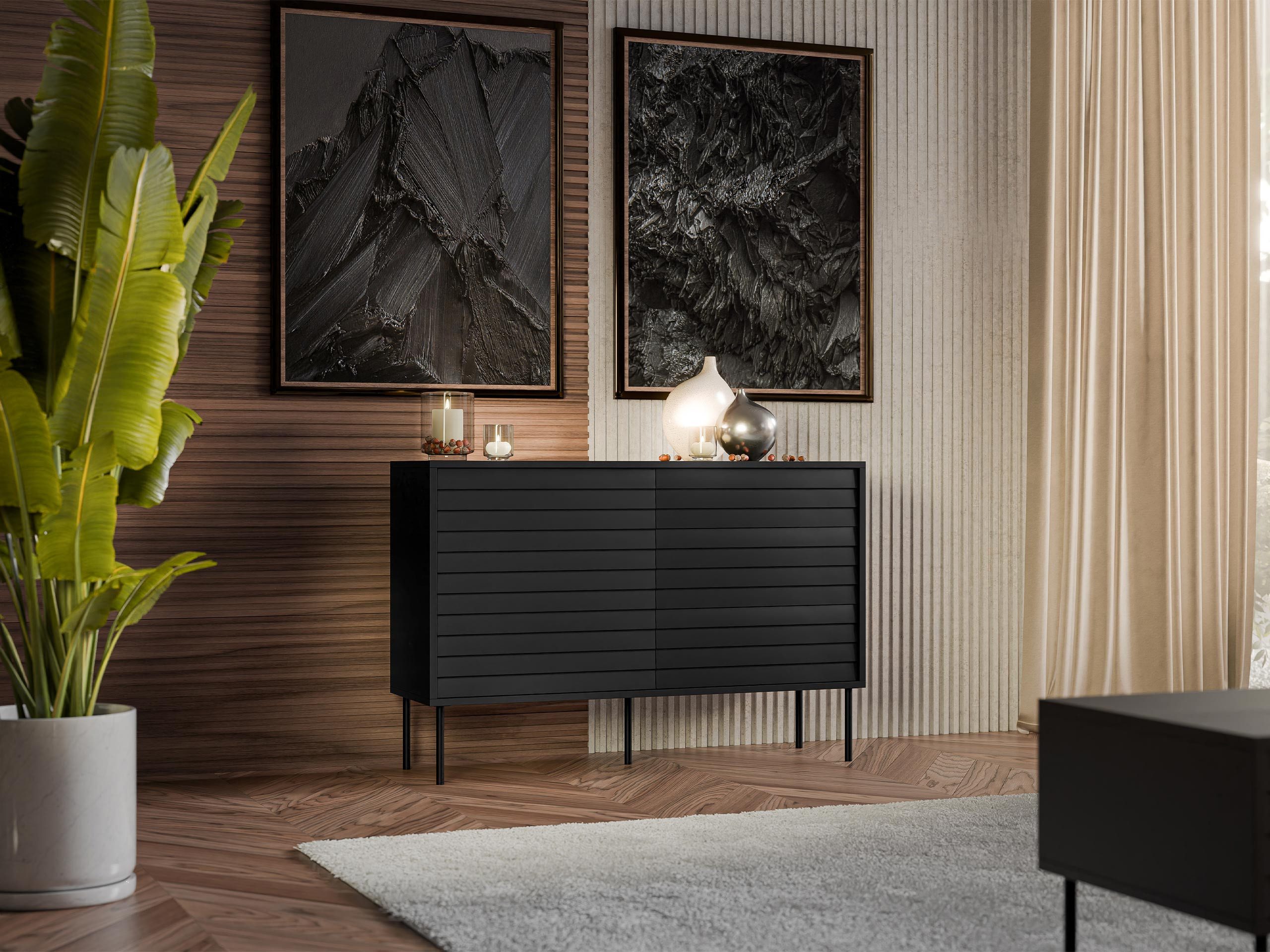 MIRJAN24 Kommode Cortina 120 1D3S (mit Drehtür und drei Schubladen), Schwarze Stahlfüße, 120x40x81 cm