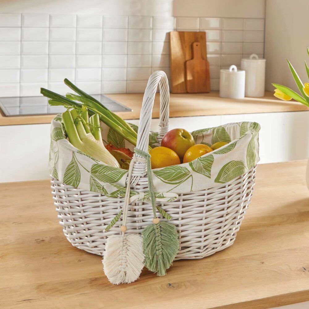 Home-trends24.de Einkaufskorb Blätter Spaltweide Quasten grün weiß Korb Deko